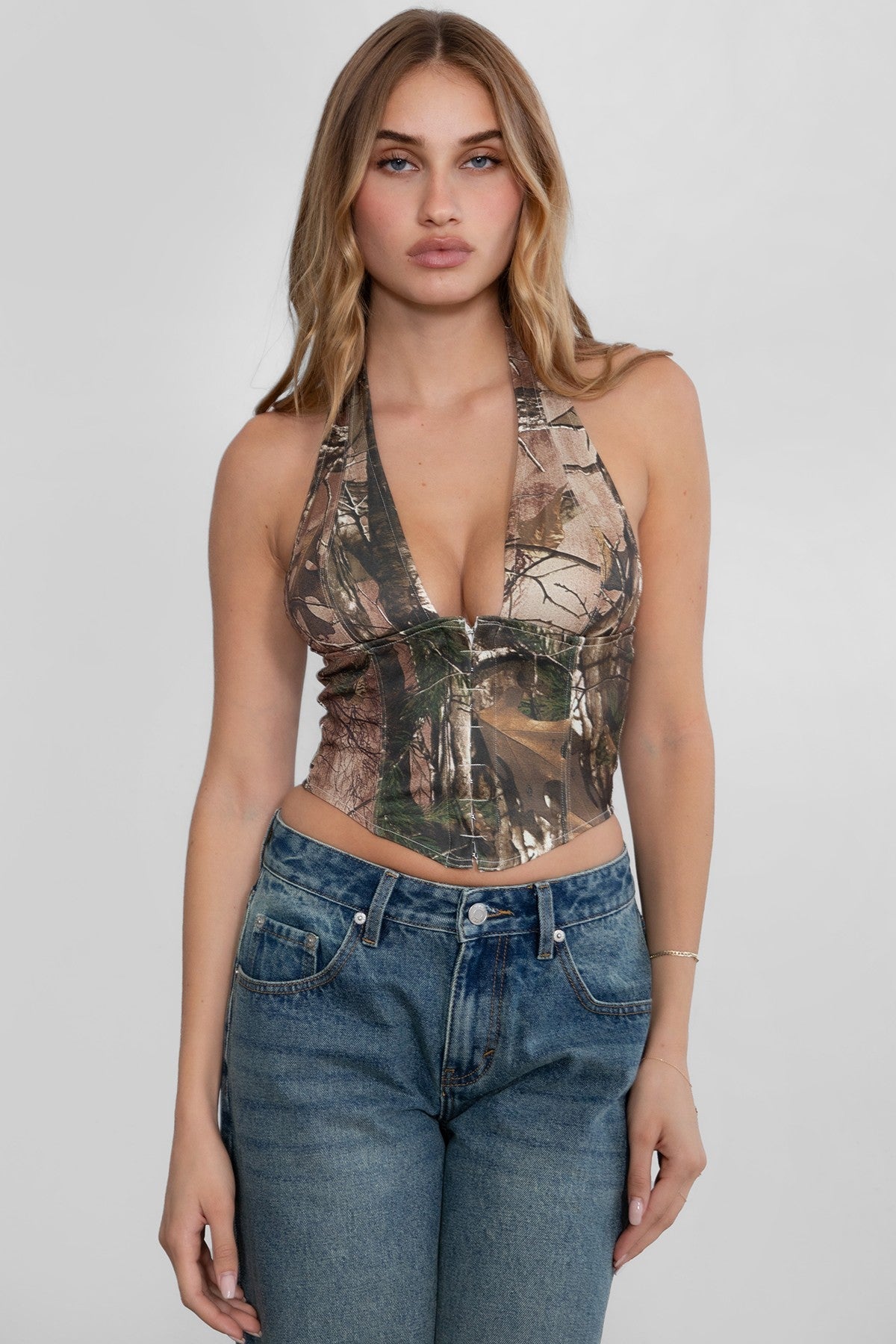 CAMOU Camo Print Halter Bustier Corset Top