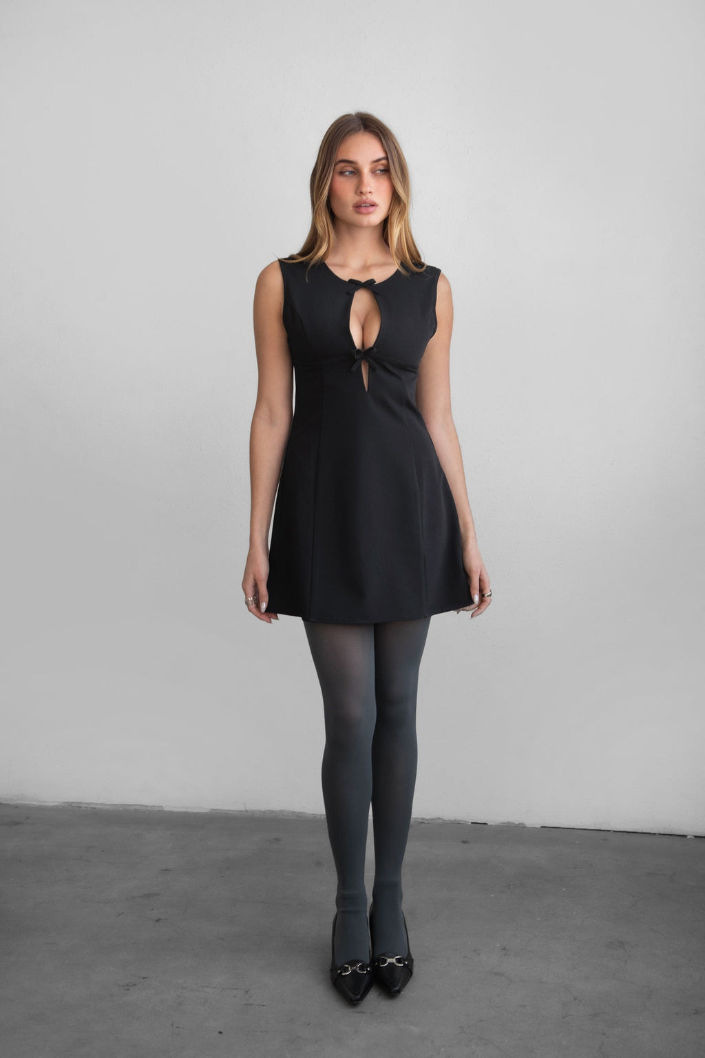 Brilyn Wool Dobby Bow Detail Mini Dress