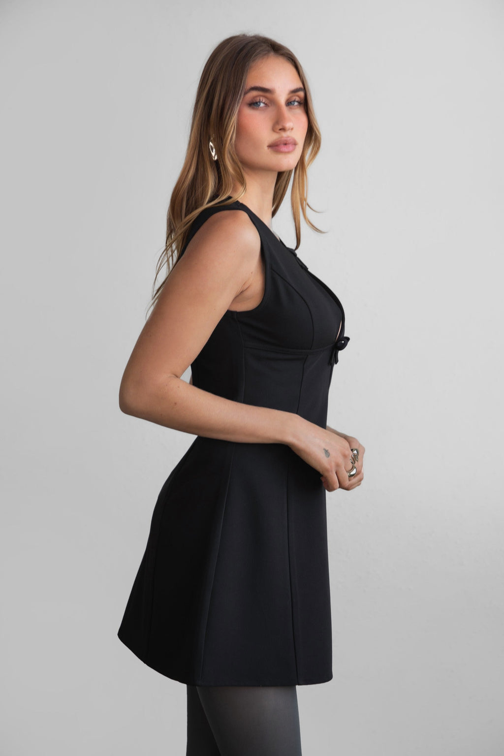 Brilyn Wool Dobby Bow Detail Mini Dress