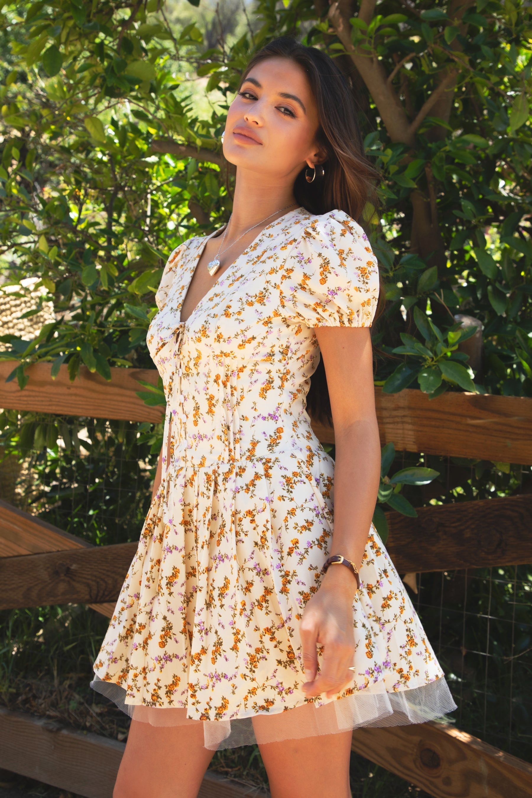JESSICA Floral Print A Line Tulle Short-Sleeve Mini Dress