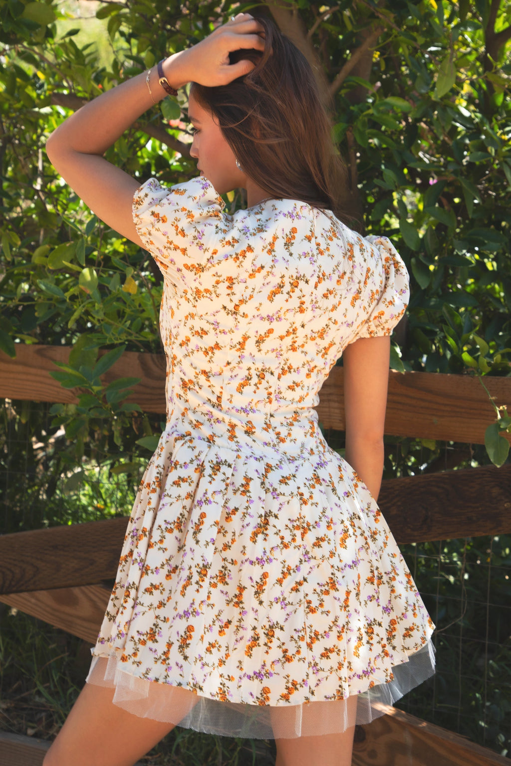 JESSICA Floral Print A Line Tulle Short-Sleeve Mini Dress