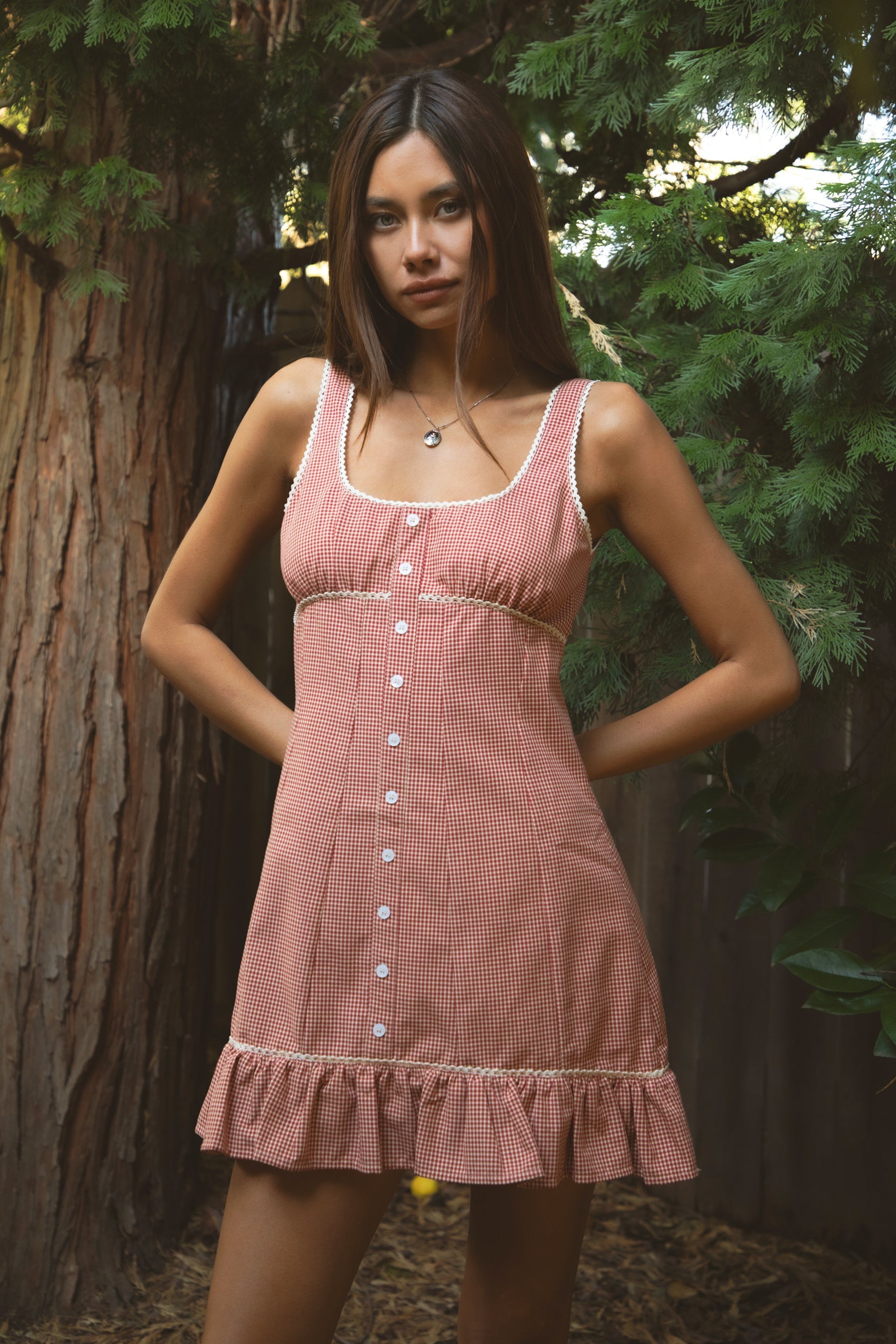 AMELIE Gingham Square Neck Sleeveless Mini Dress