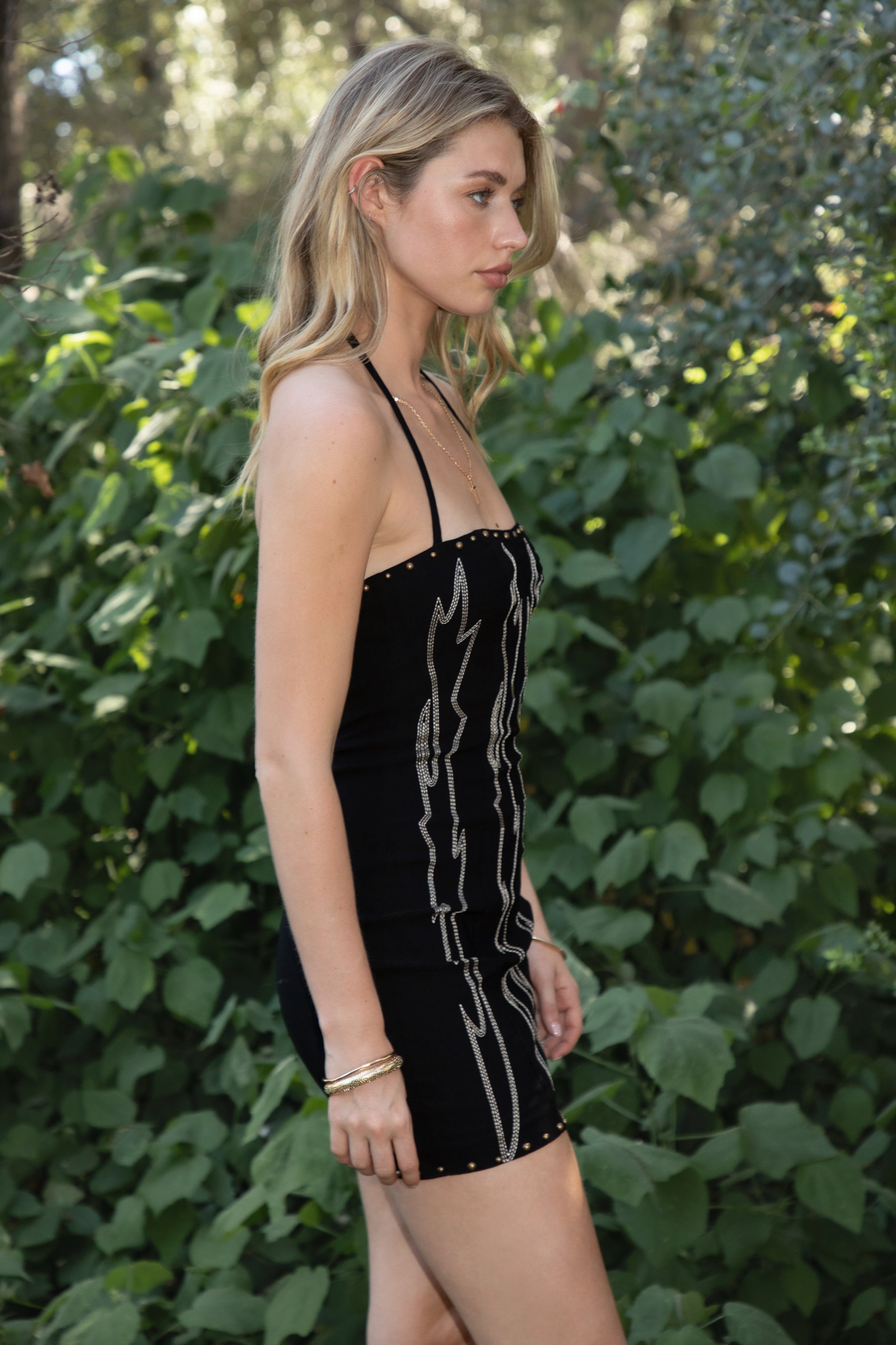 ELSIE Stretch Embroidered Mini Halter Dress