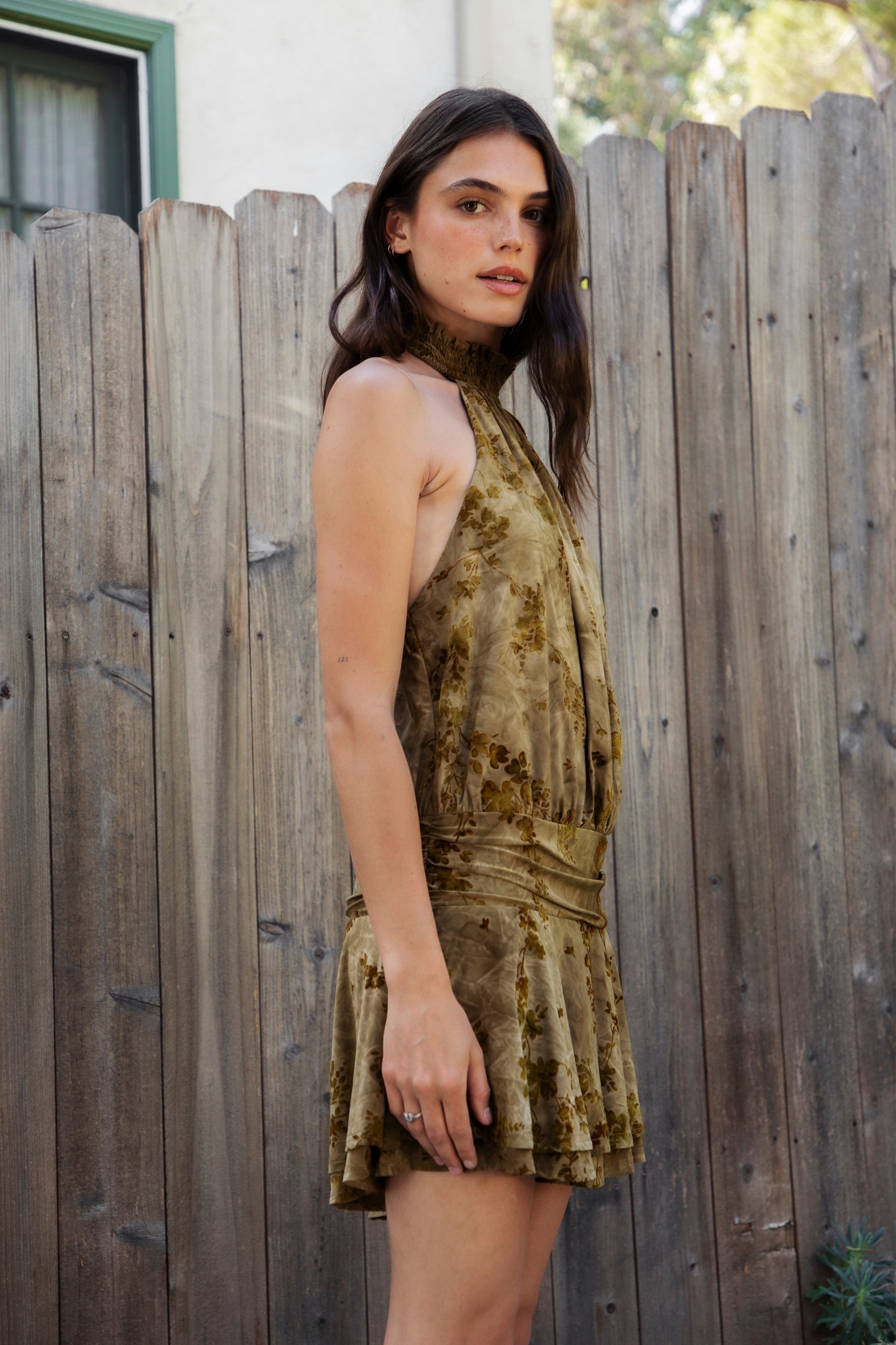 OLIVINE Flocked Floral Halter Ruched Mini Dress