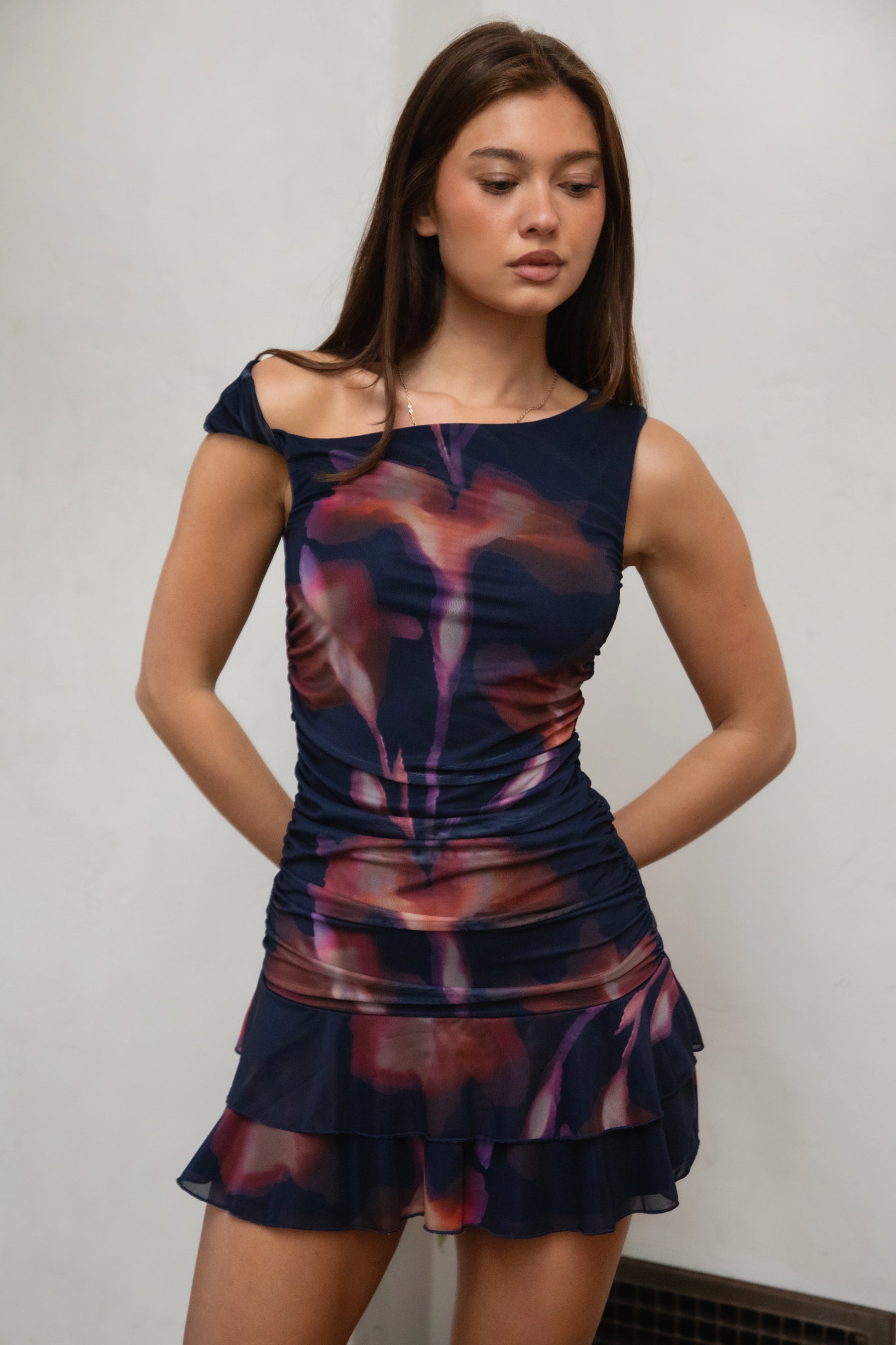 VIORELLE Twisted One-Shoulder Mesh Dress