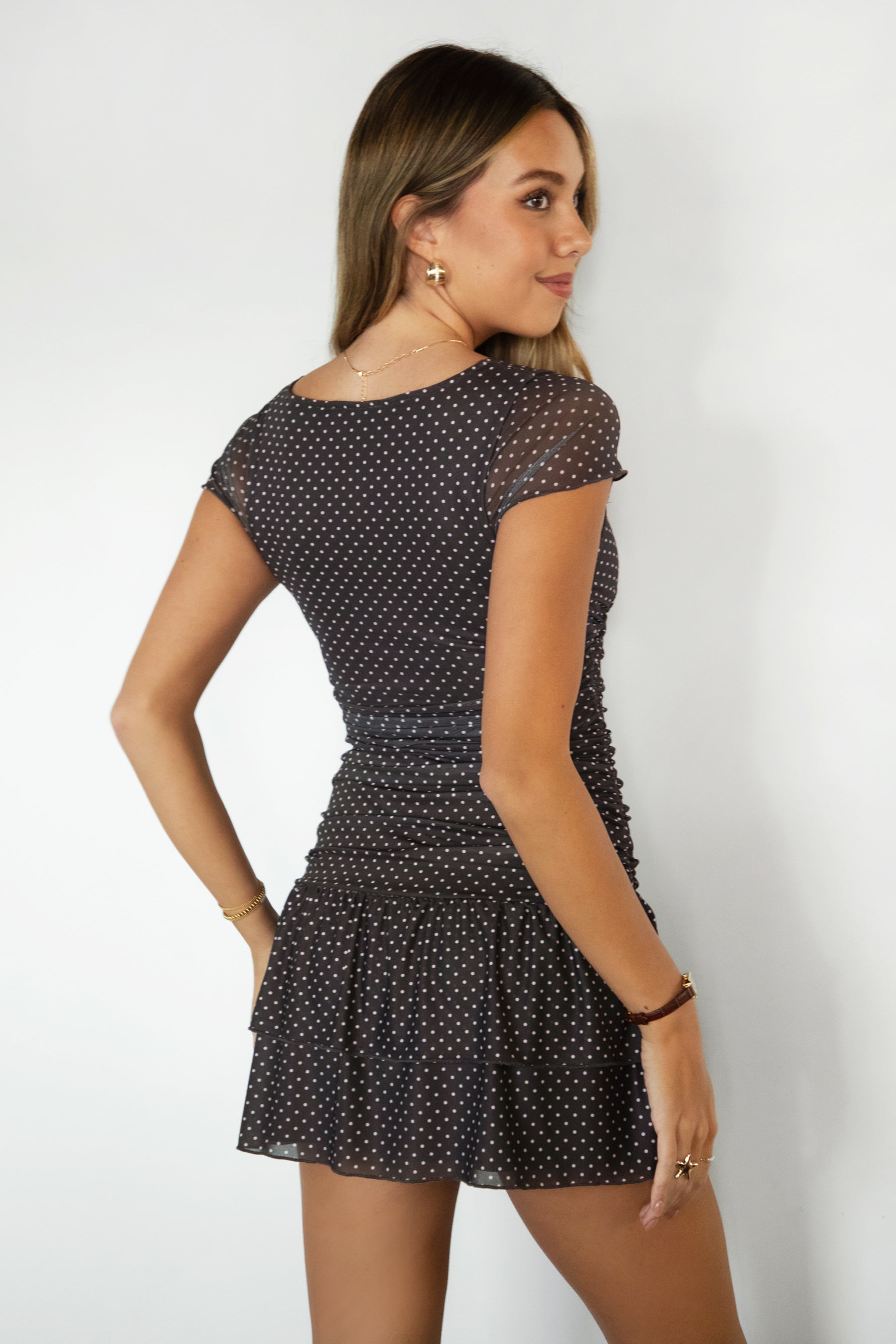 ALOURA Micro Polka Dot Deep V-Neck Mini Dress