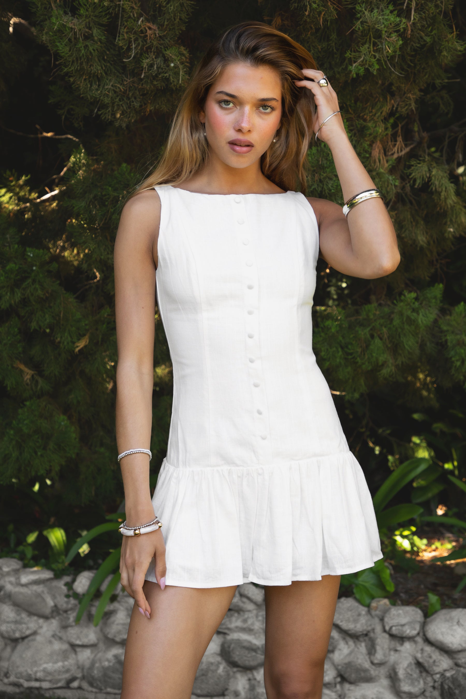 LINARA Low Drop Waist Boat Neck Mini Dress