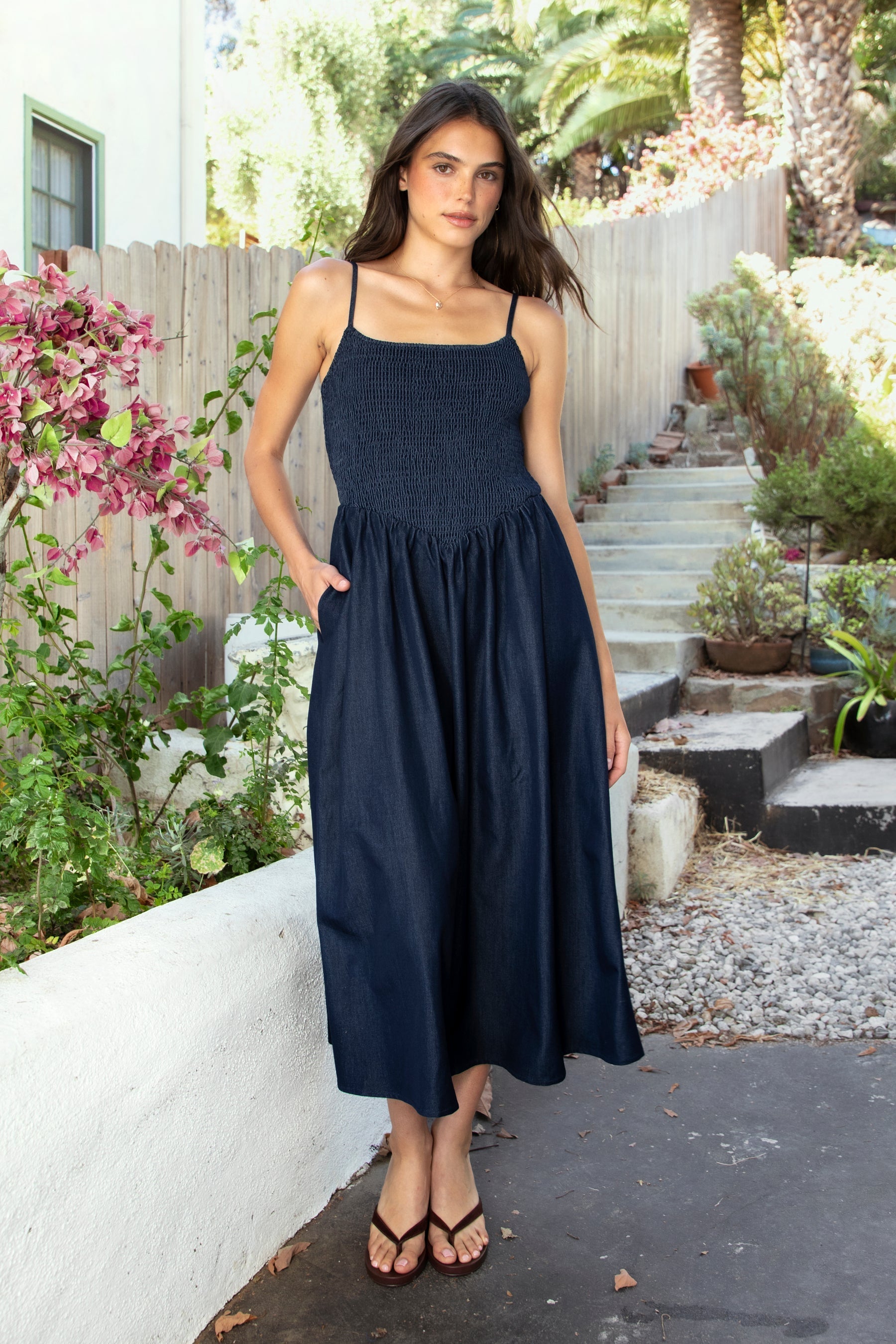 MAYREN Smocked Bow Back Denim Tencel Midi Dress