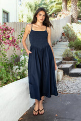 MAYREN Smocked Bow Back Denim Tencel Midi Dress