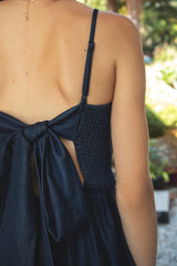 MAYREN Smocked Bow Back Denim Tencel Midi Dress