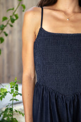 MAYREN Smocked Bow Back Denim Tencel Midi Dress