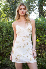 VEDA Chiffon Sequin Beaded Lace-Up Mini Dress