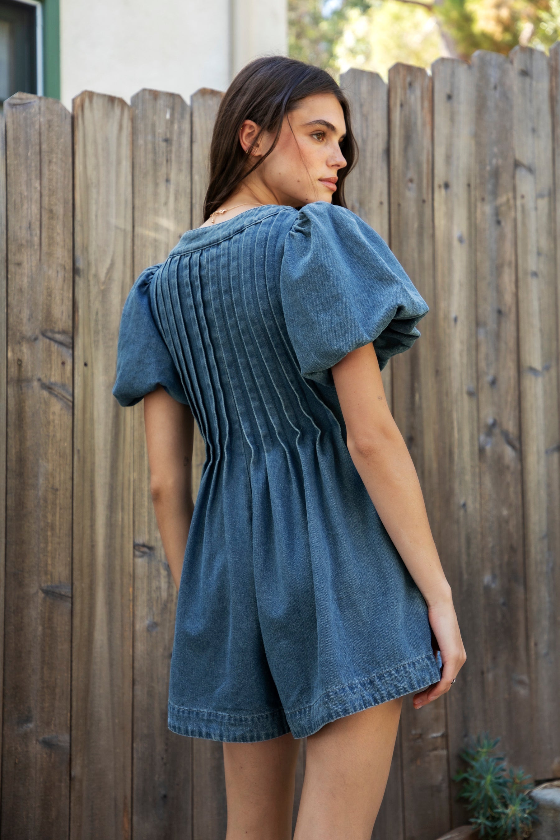 DELANEY Soft Denim Puff Sleeve Denim Romper [Pre-order]