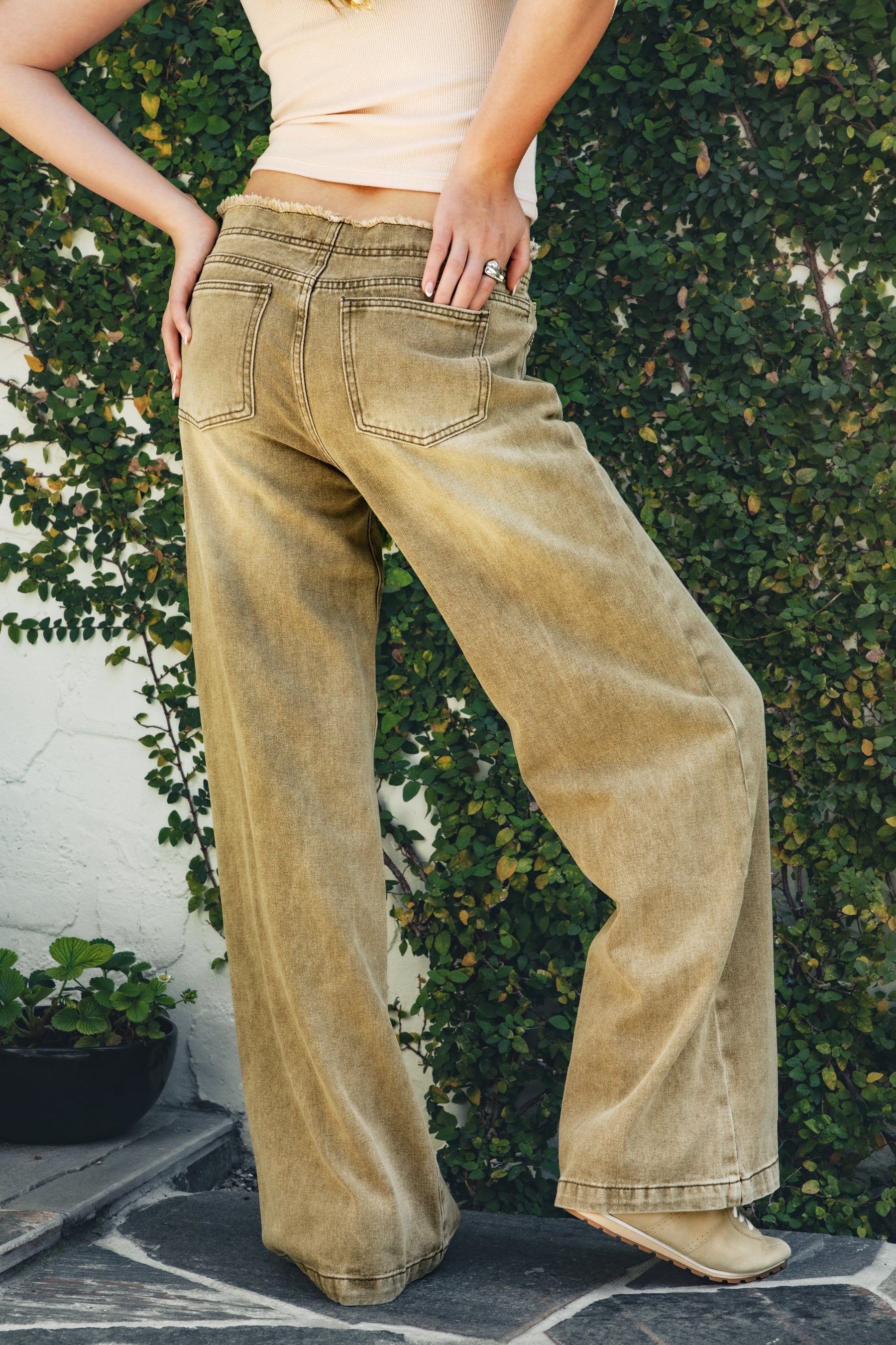 CINDER Washed Distressed Hem Wide Leg Jean