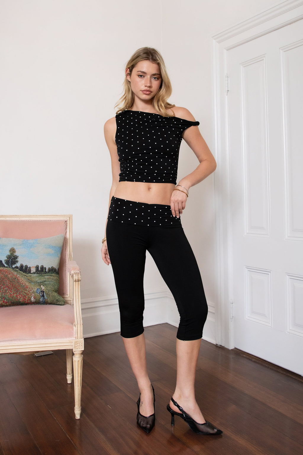 SORA Rayon Fold Over Waist Polka Dot Capri Leggings Pants