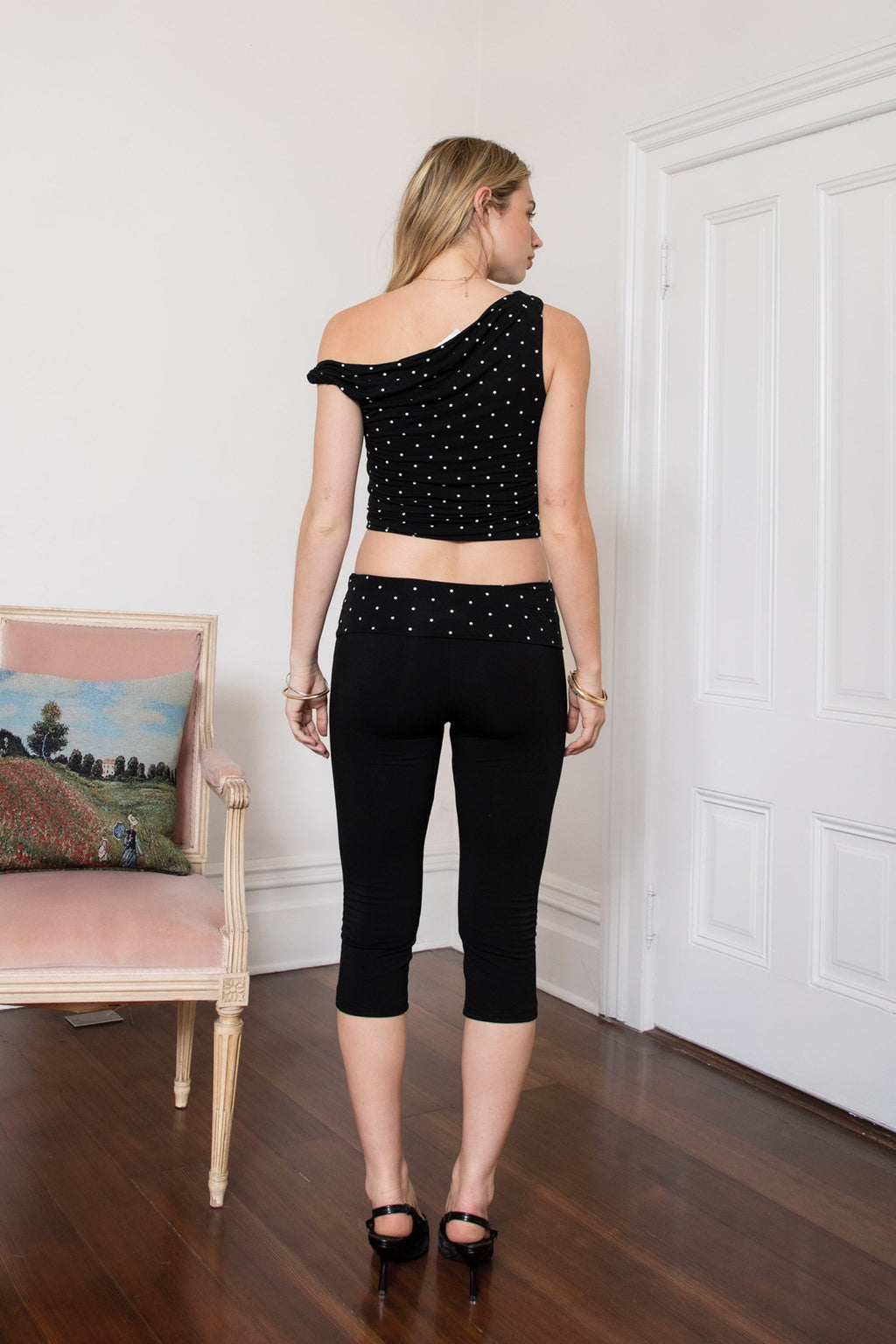SORA Rayon Fold Over Waist Polka Dot Capri Leggings Pants