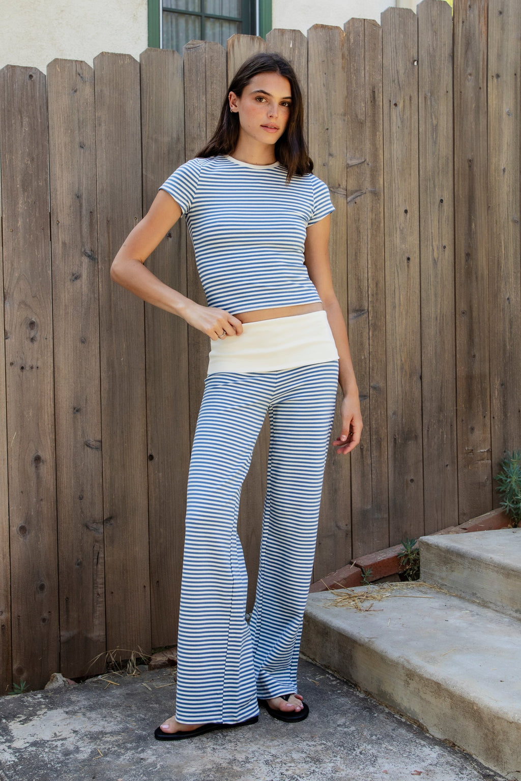 BRISA French Terry Stripe Foldover Waist Wide Leg Pants [Pre-order]