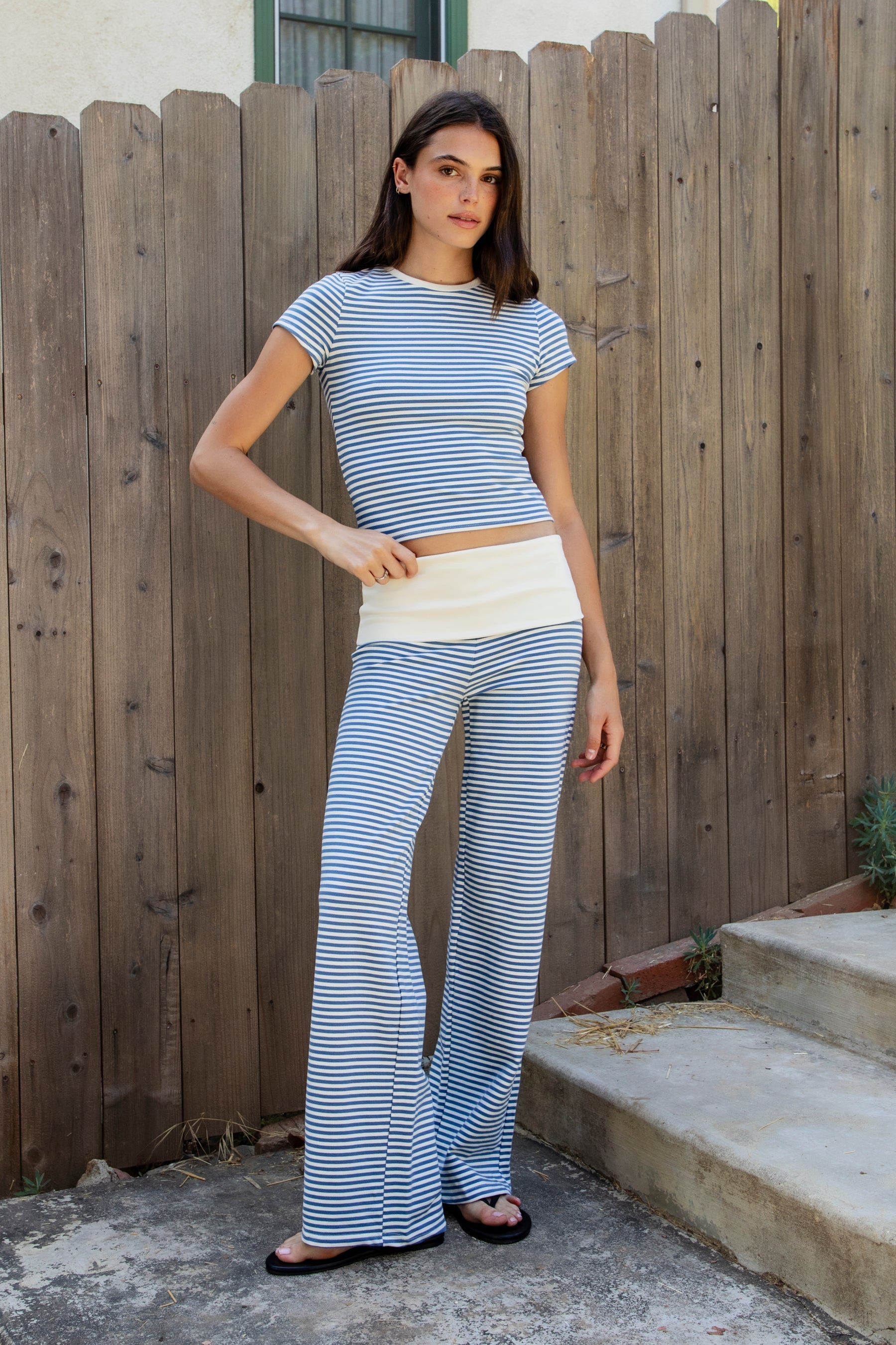 BRISA French Terry Stripe Foldover Waist Wide Leg Pants [Pre-order]