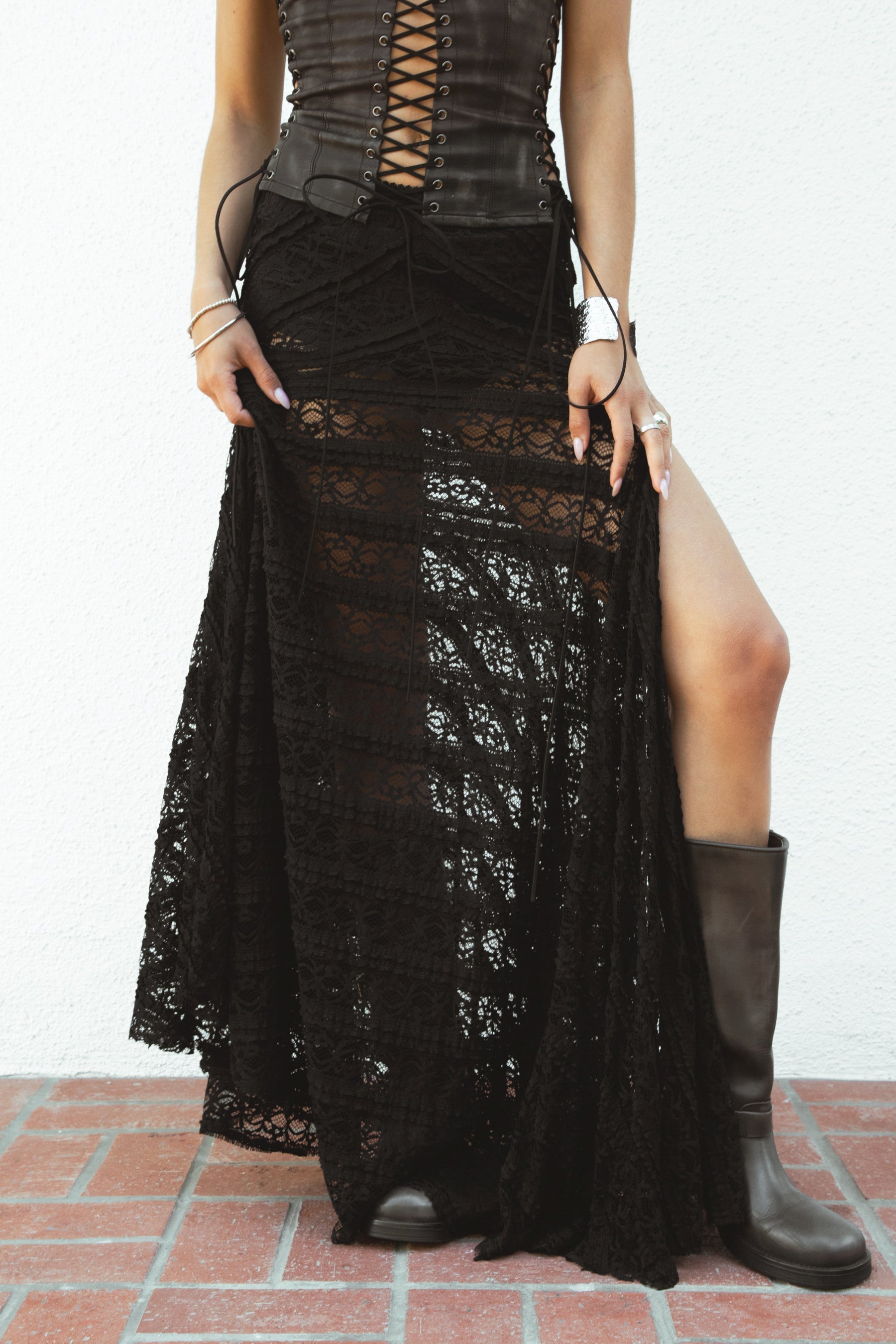 MARISS Flowy Stretch Lace Side Slit Maxi Skirt [Pre-order]