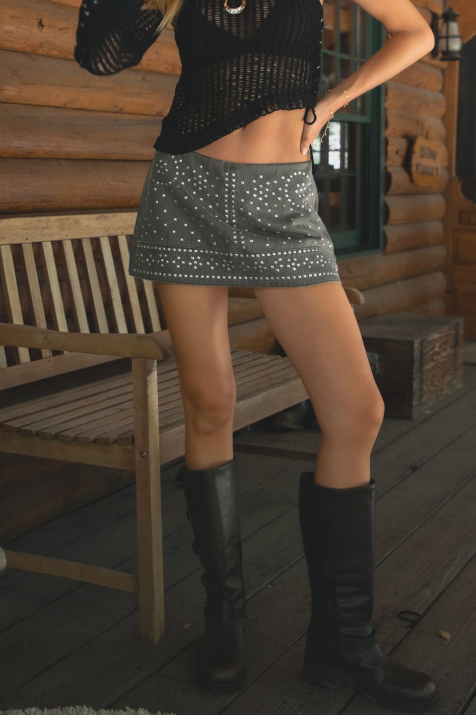 DOLCHE Studded Washed Denim Mini Skirt