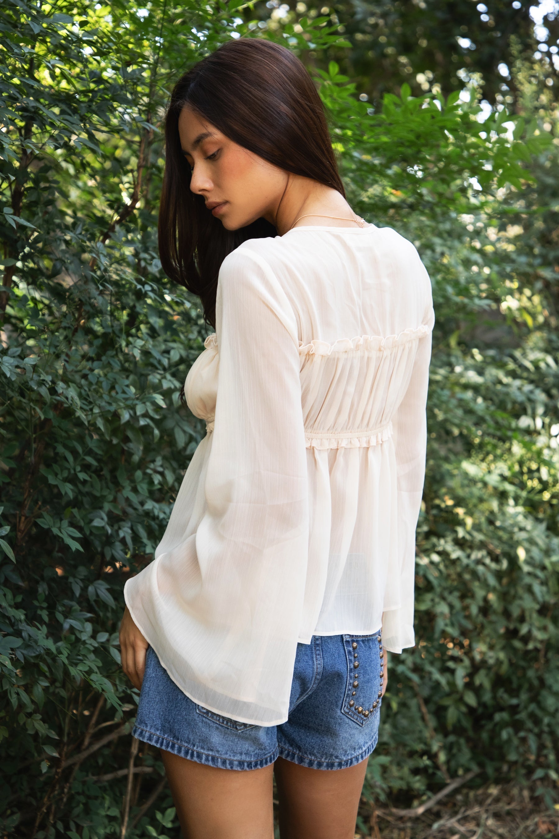 SOLENE Sheer Chiffon Front Tie Flare Long Sleeve Top