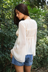 SOLENE Sheer Chiffon Front Tie Flare Long Sleeve Top