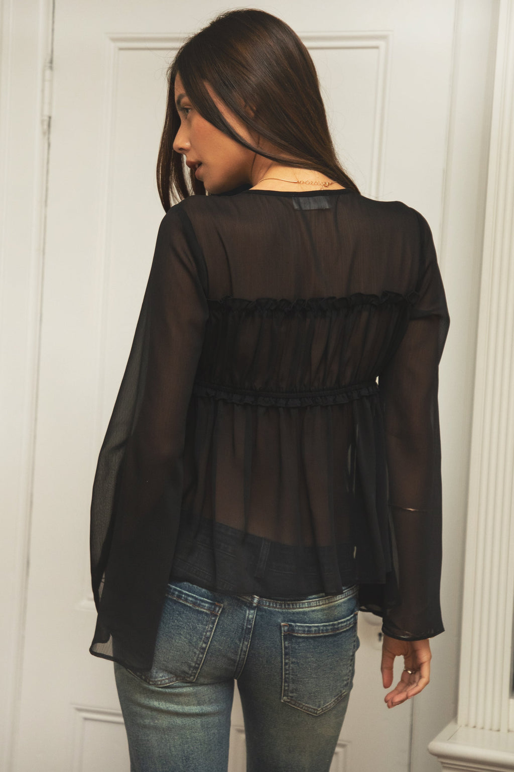 SOLENE Sheer Chiffon Front Tie Flare Long Sleeve Top