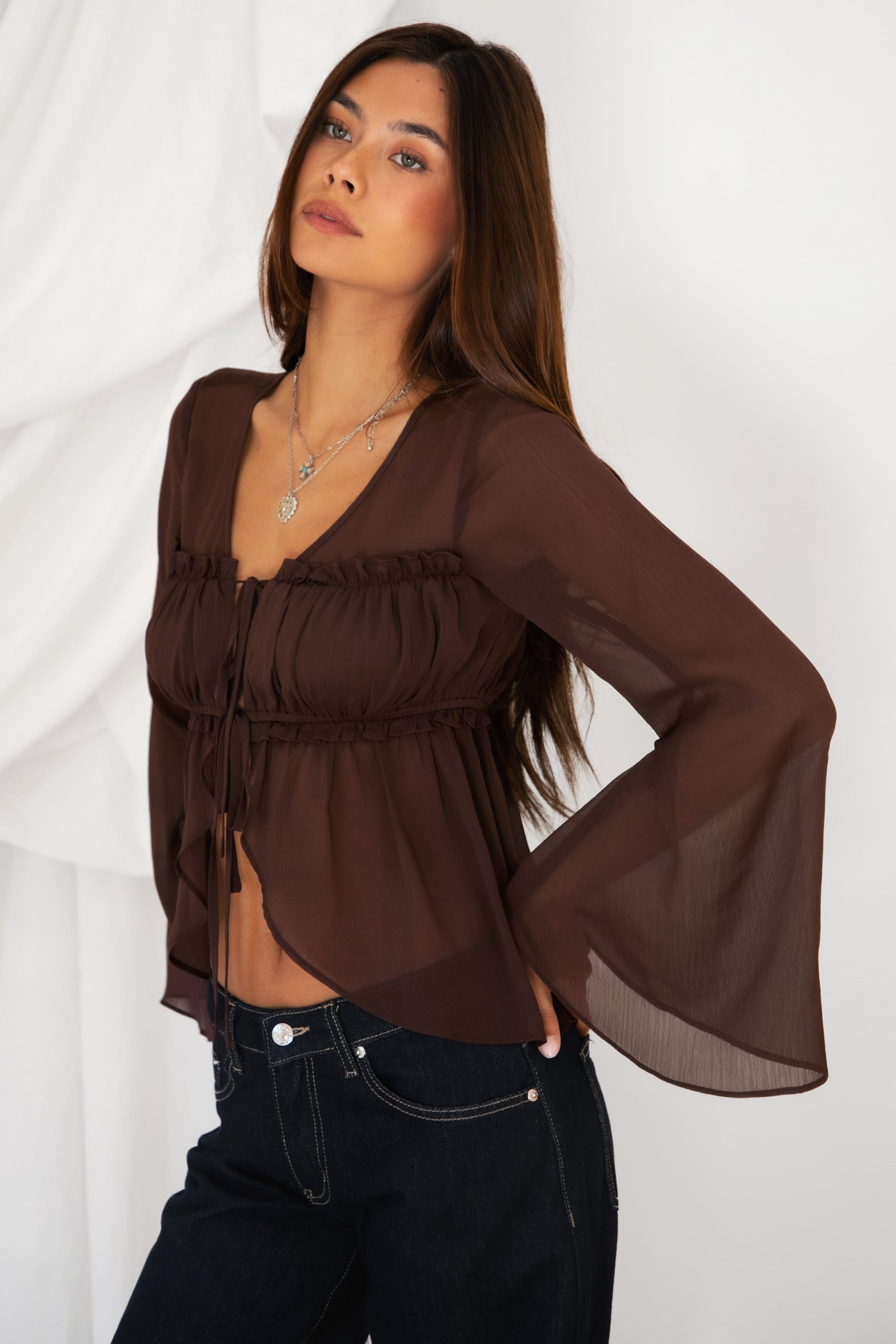 SOLENE Sheer Chiffon Front Tie Flare Long Sleeve Top