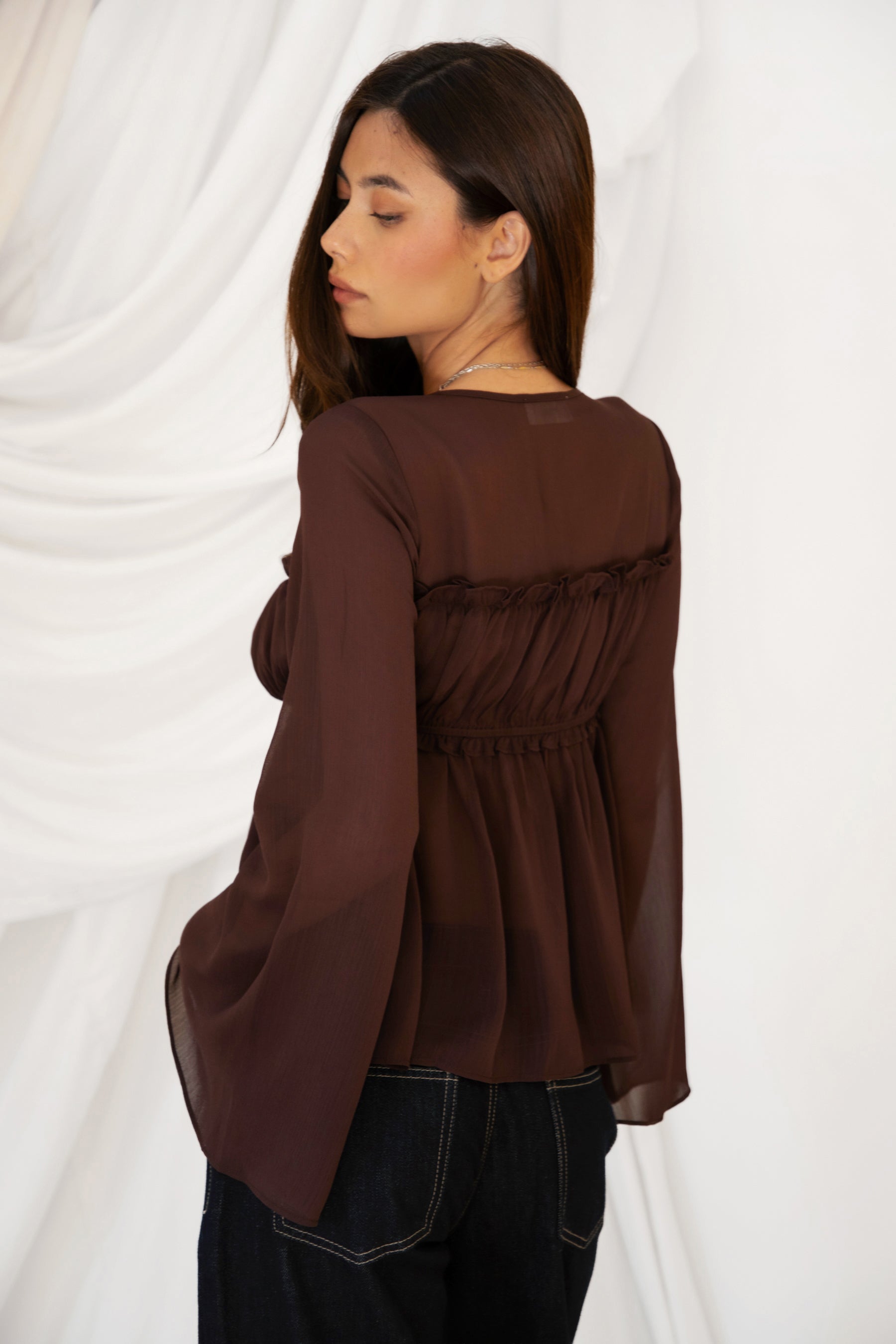 SOLENE Sheer Chiffon Front Tie Flare Long Sleeve Top