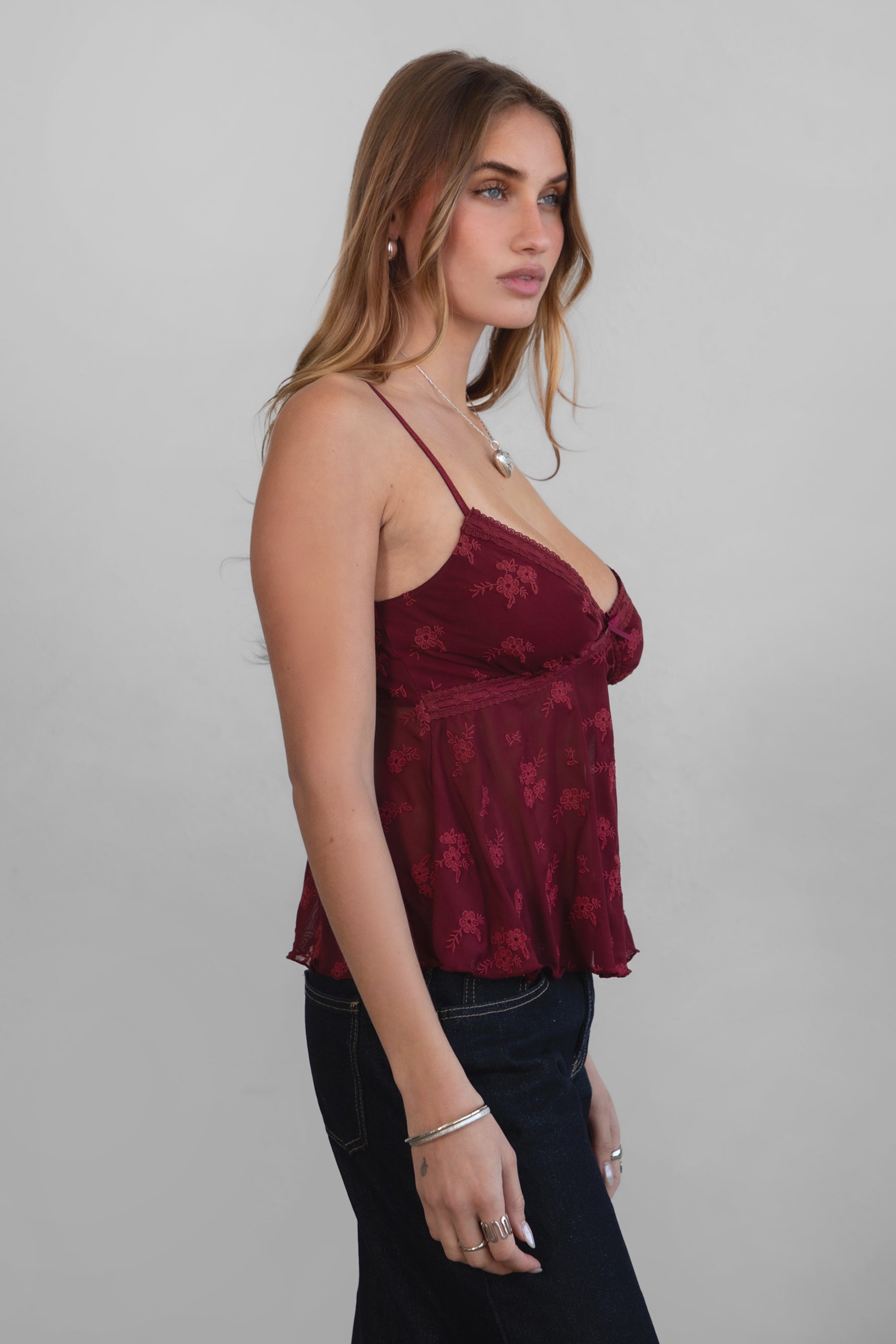 LAURIEL Embroidered Mesh Cami Top