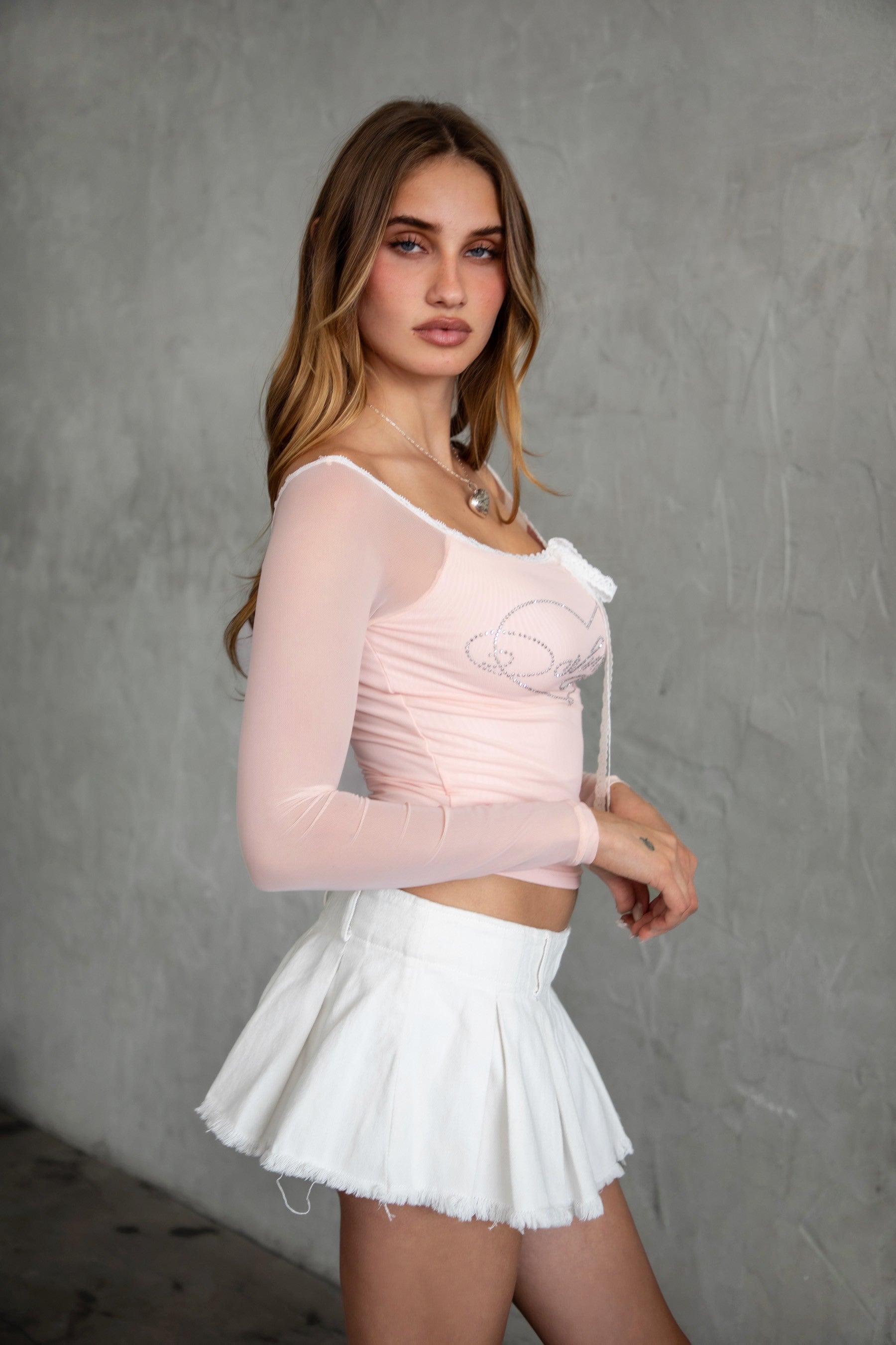 Adora Mesh Rhinestone Embellished Long Sleeve Top