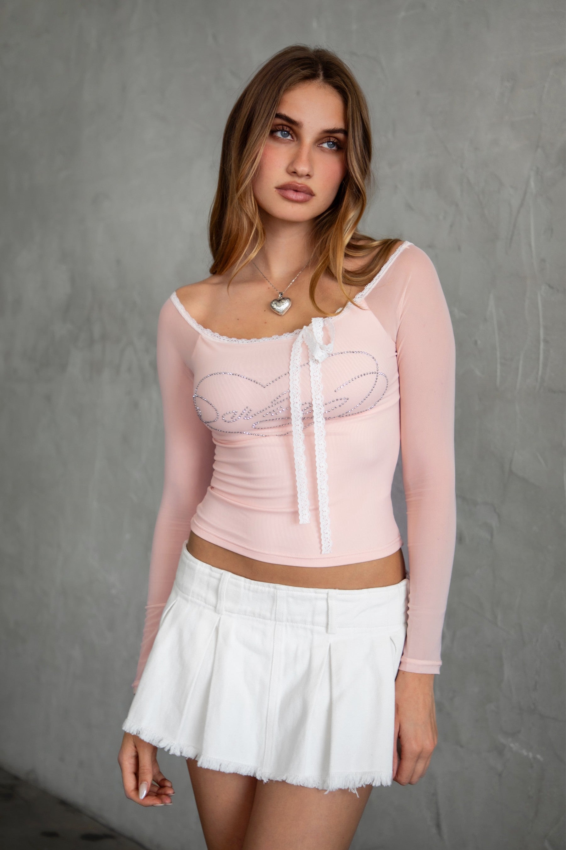 Adora Mesh Rhinestone Embellished Long Sleeve Top