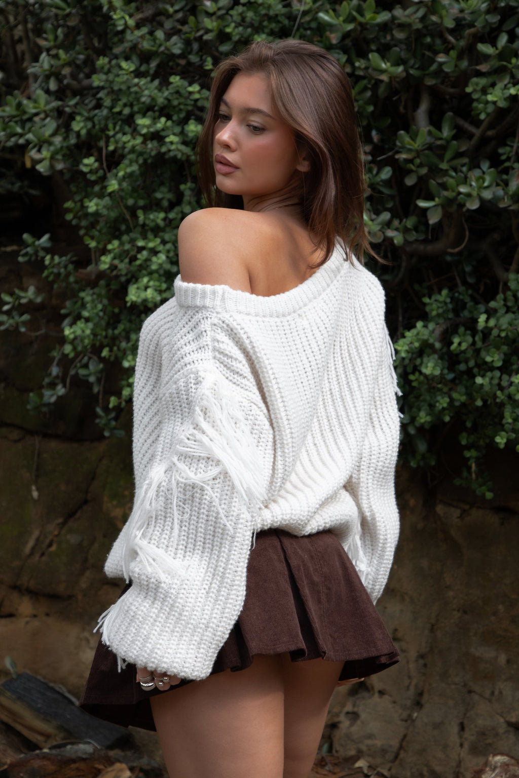 BAYLYN Off The Shoulder Knit Sweater With Tassels