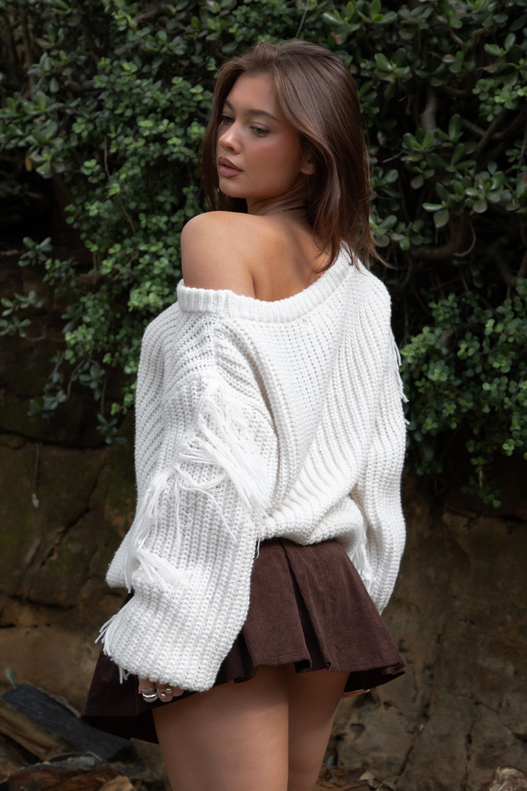 BAYLYN Off The Shoulder Knit Sweater With Tassels