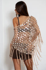 LUNARA Sequin Fringe Knit Poncho