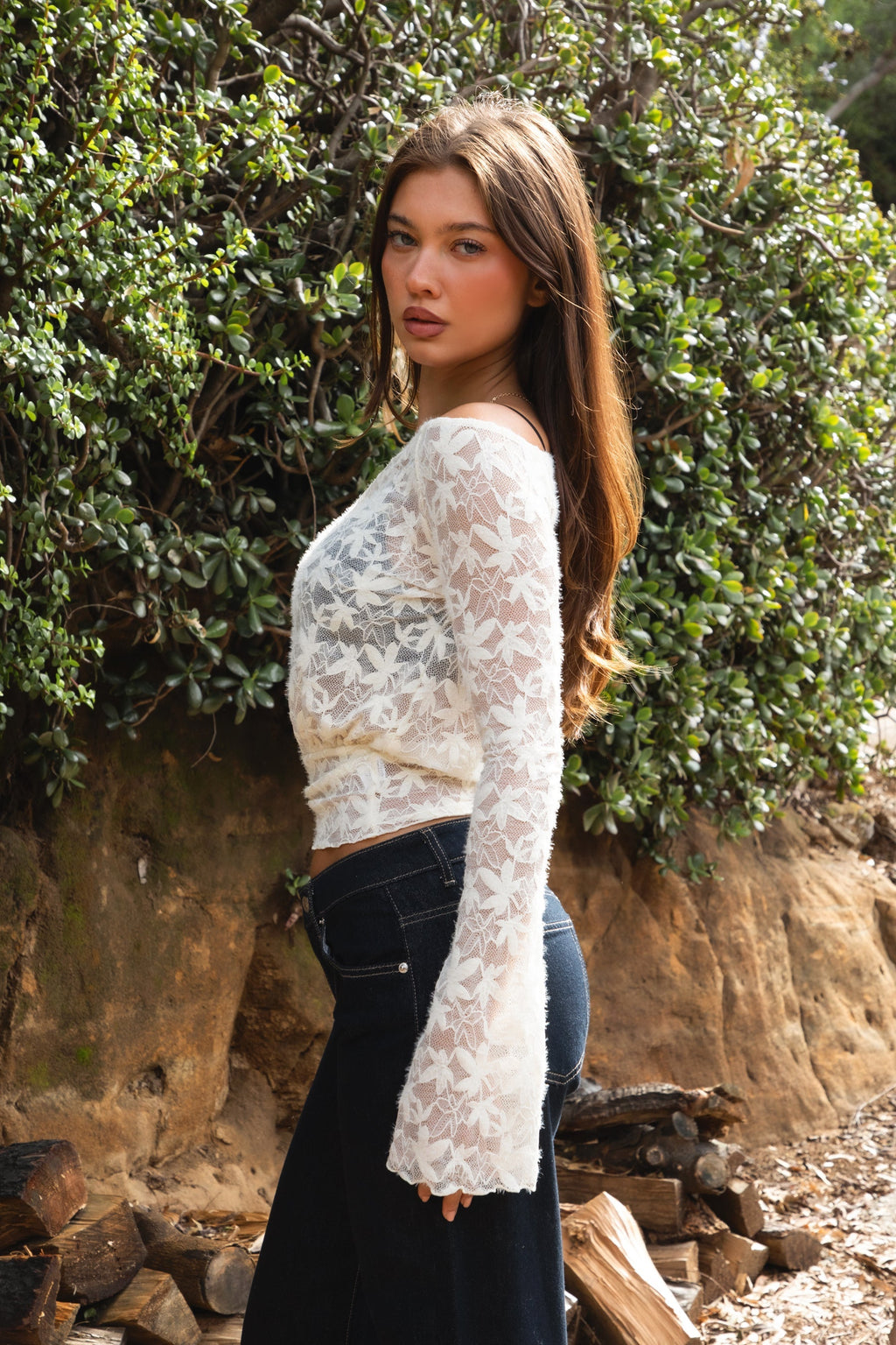 VELORA Maple Leaf Lace Off-Shoulder Top