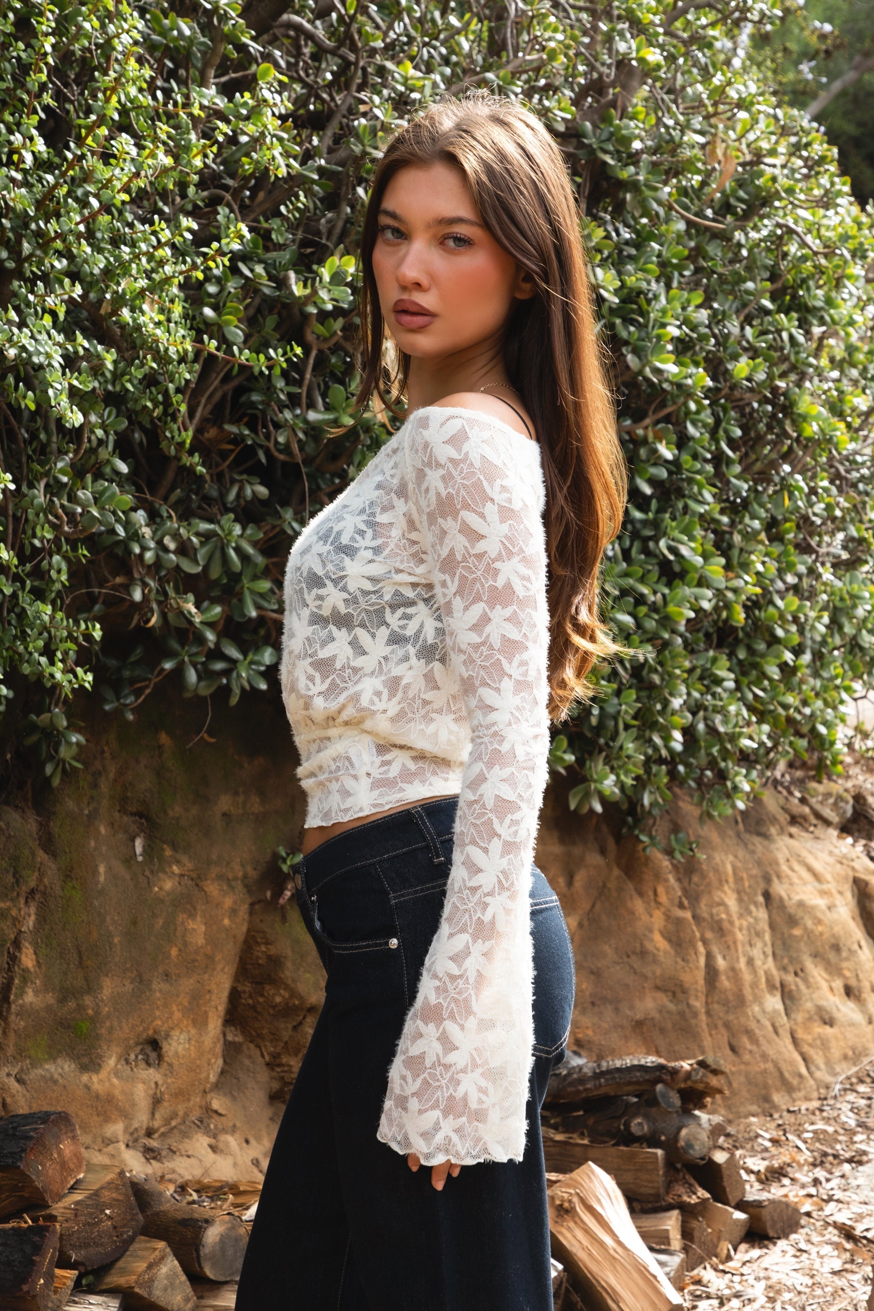 VELORA Maple Leaf Lace Off-Shoulder Top