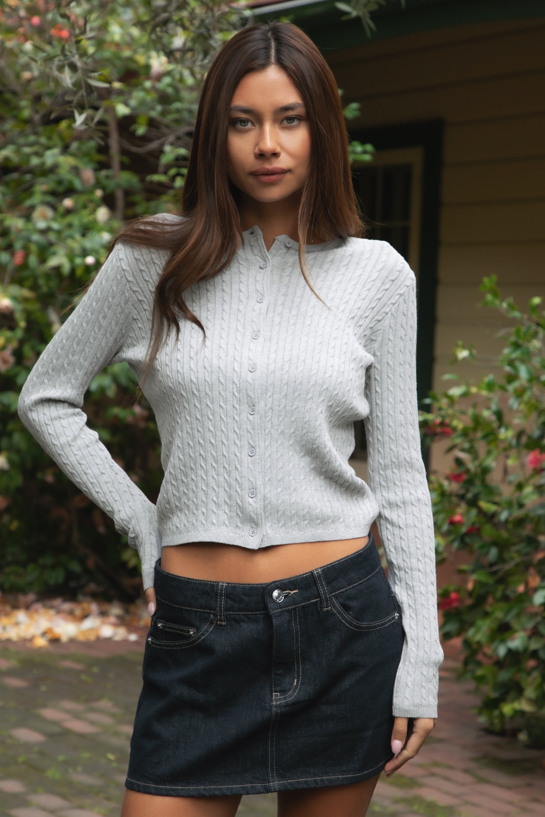 KRISTY Cable Knit Basic Long Sleeve Cardigan