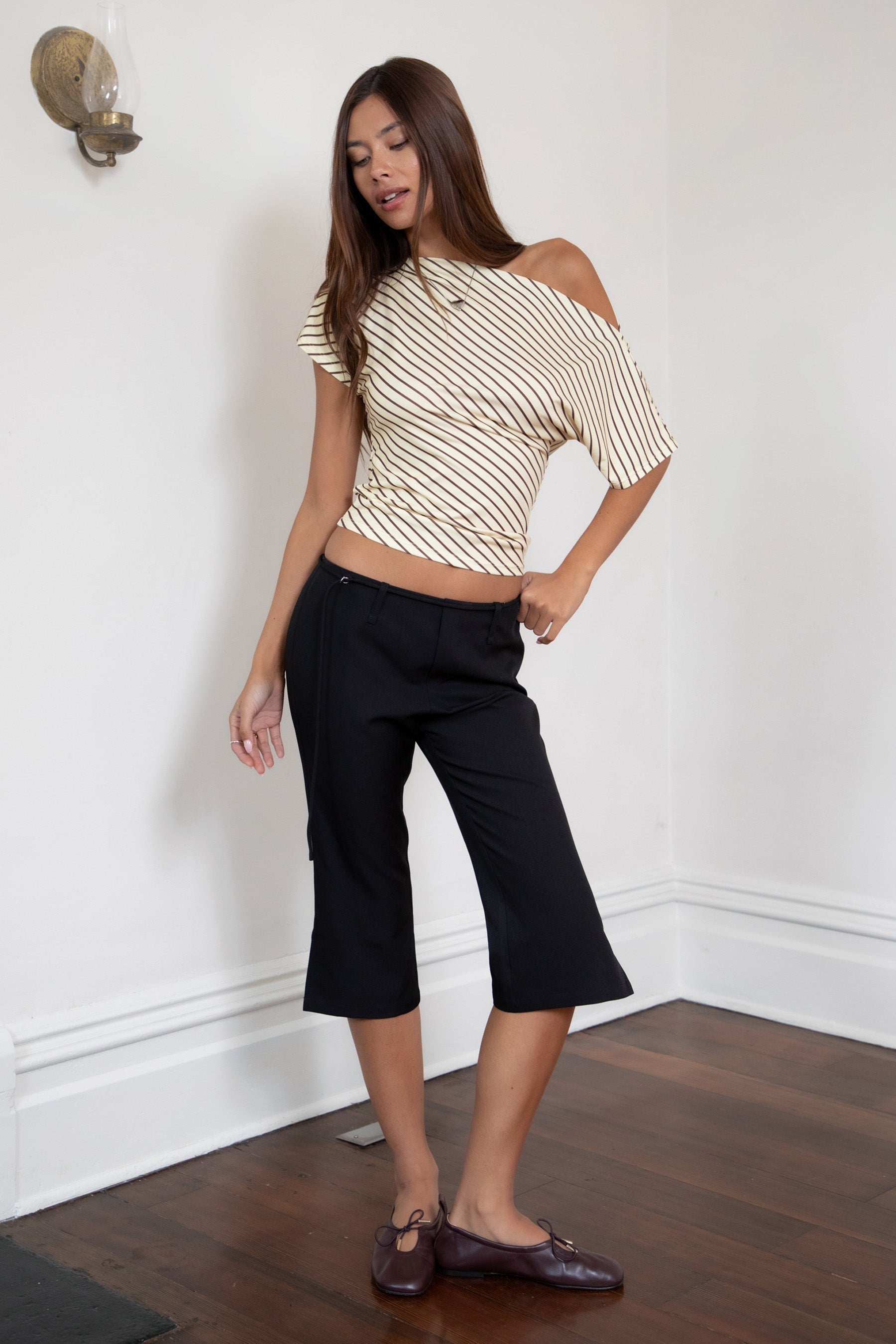 AURE Striped Slash Neck Ruched Waist Top [Pre-order]