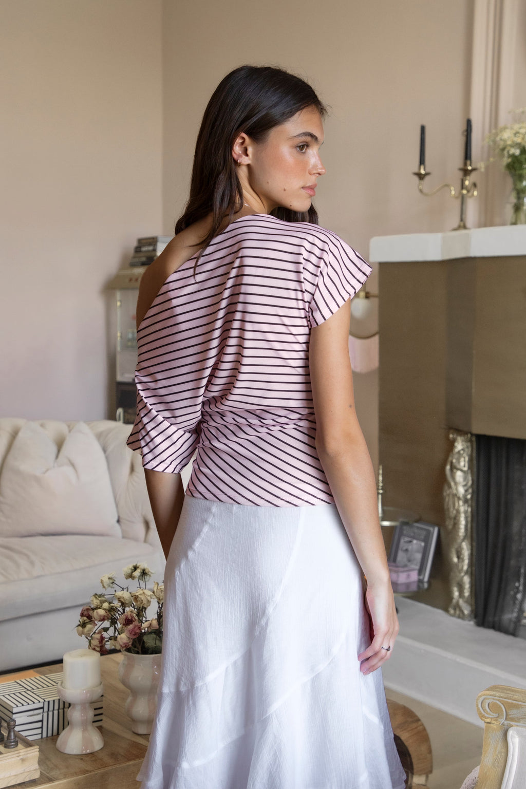 AURE Striped Slash Neck Ruched Waist Top [Pre-order]