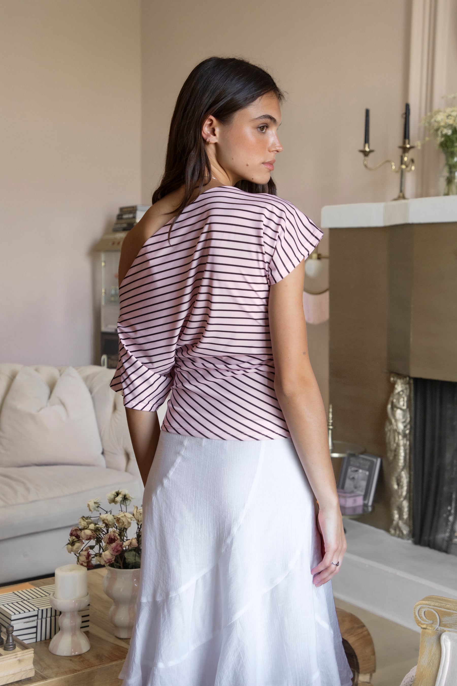 AURE Striped Slash Neck Ruched Waist Top [Pre-order]