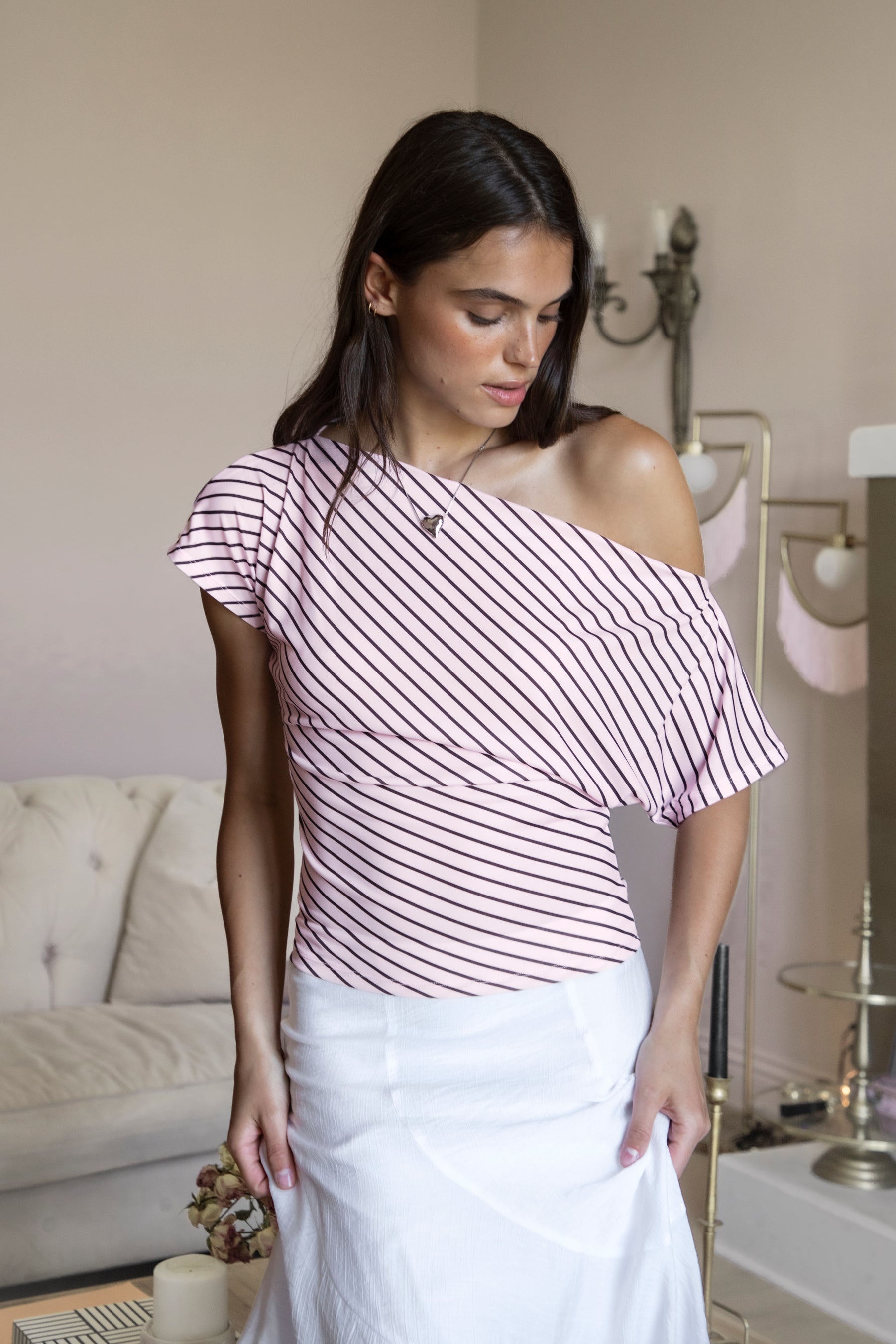 AURE Striped Slash Neck Ruched Waist Top [Pre-order]