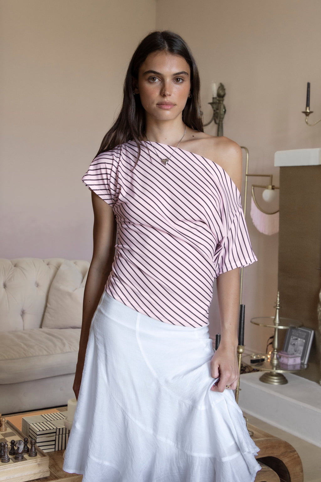 AURE Striped Slash Neck Ruched Waist Top [Pre-order]