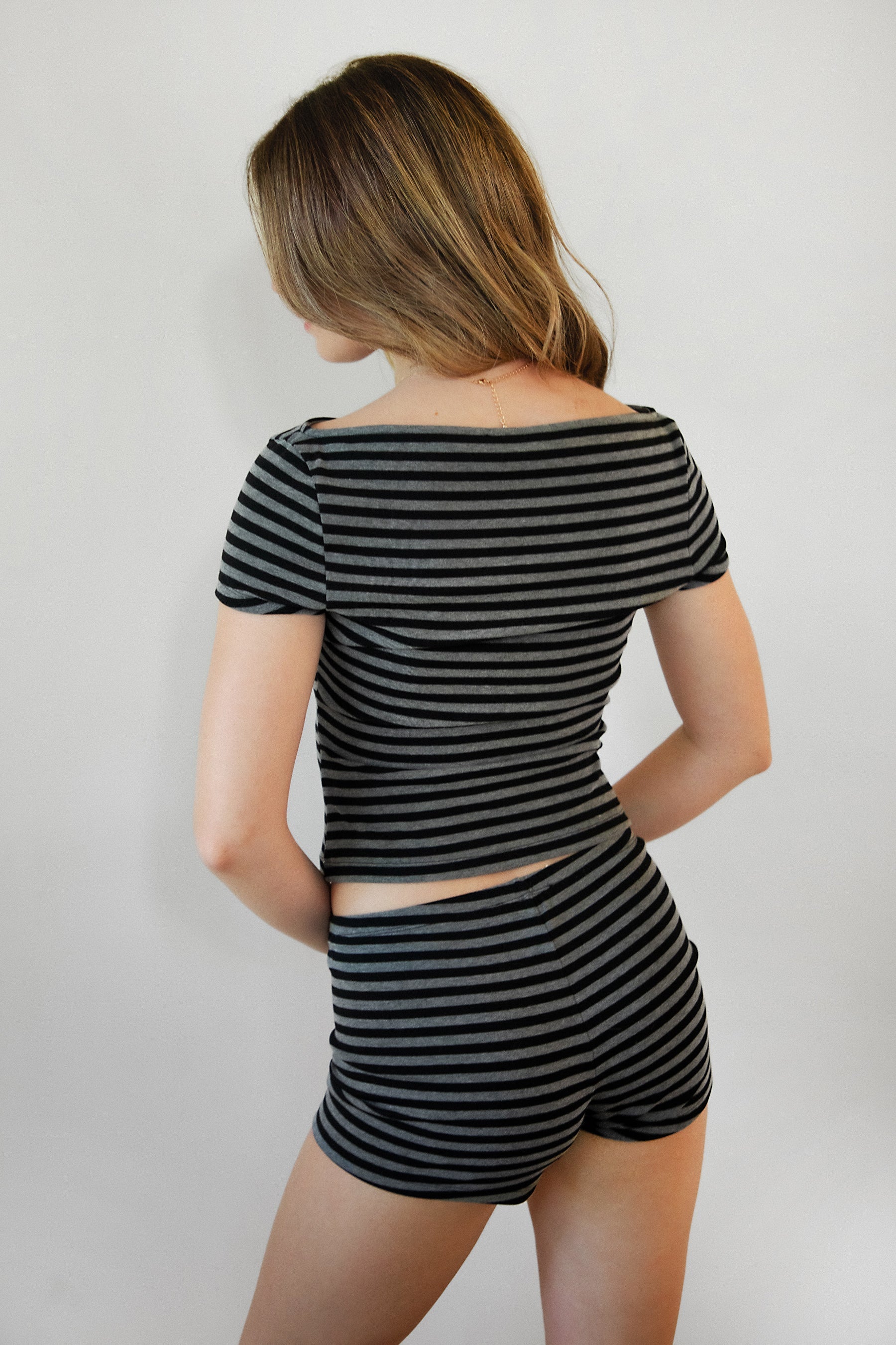 VELA Stripe Jersey Casual Lounge Fit Short Sleeve Top