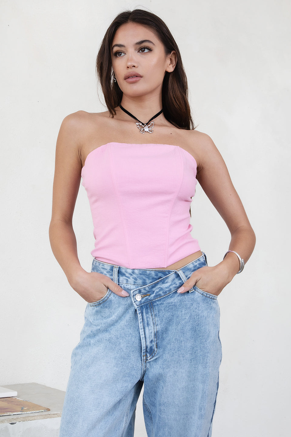 Janice  Stretch Linen Strapless Bustier Top