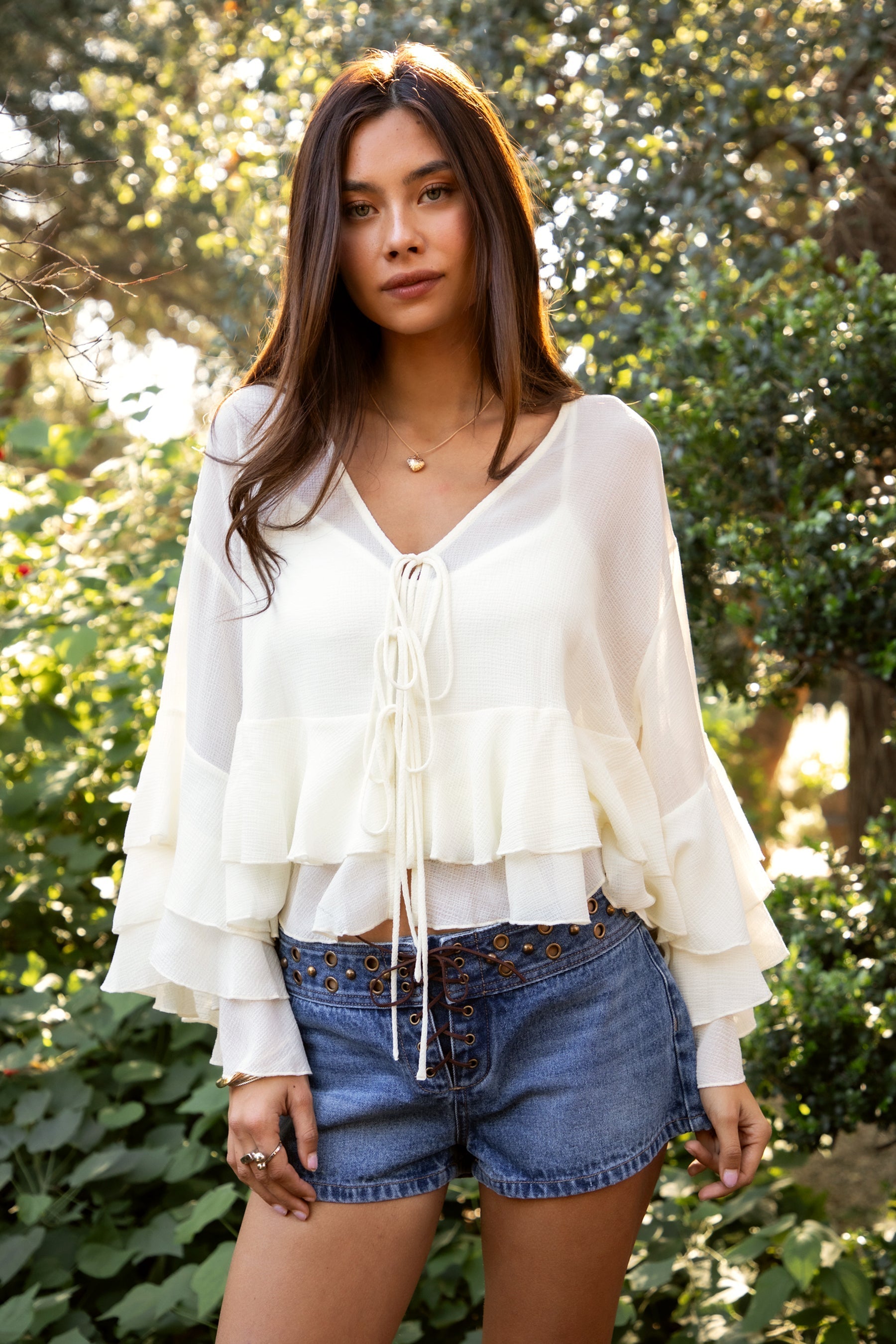 BRIEANNE V-Neck Sheer Chiffon Tiered Ruffle Blouse
