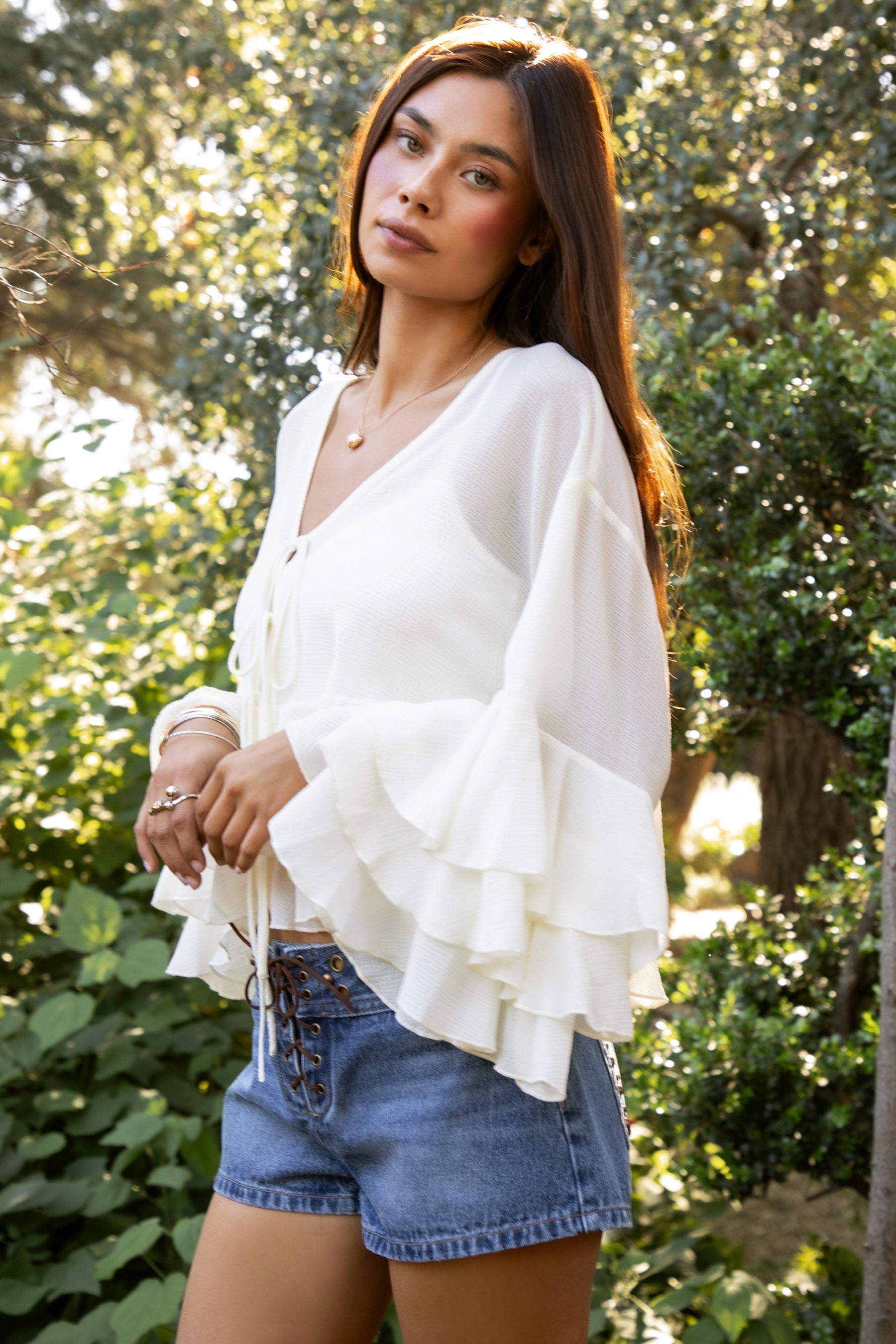 BRIEANNE V-Neck Sheer Chiffon Tiered Ruffle Blouse