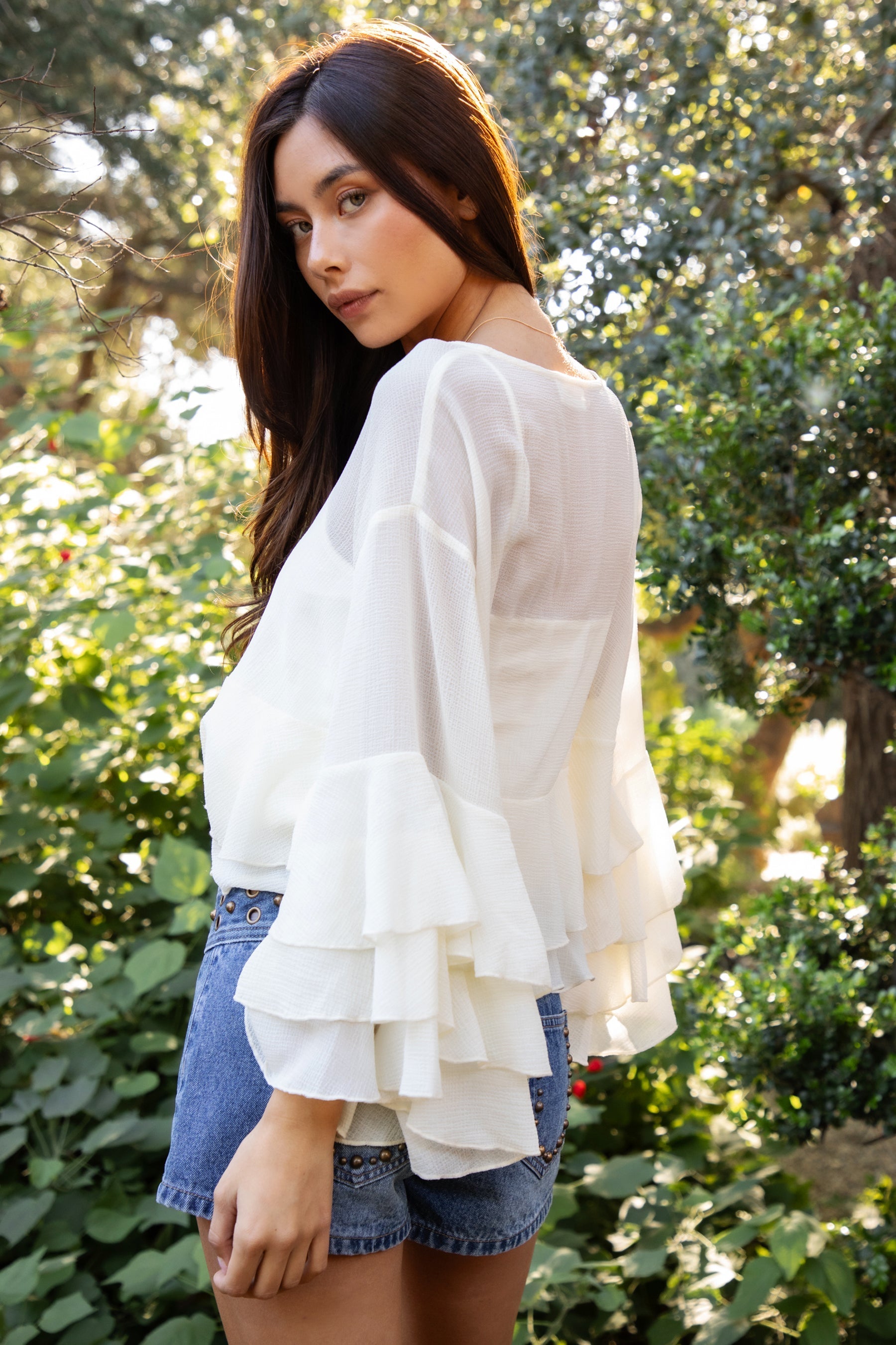 BRIEANNE V-Neck Sheer Chiffon Tiered Ruffle Blouse