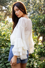 BRIEANNE V-Neck Sheer Chiffon Tiered Ruffle Blouse