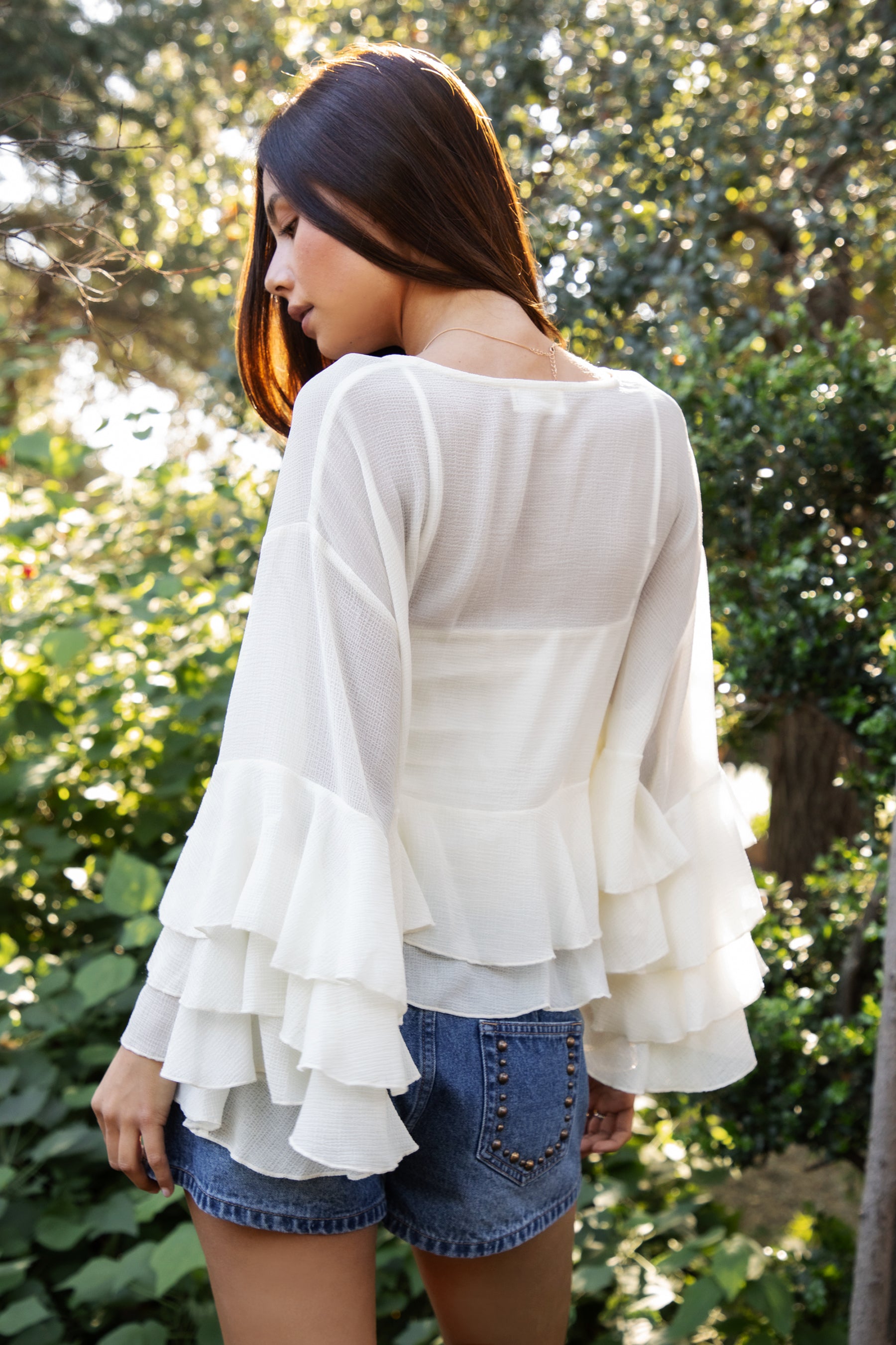 BRIEANNE V-Neck Sheer Chiffon Tiered Ruffle Blouse